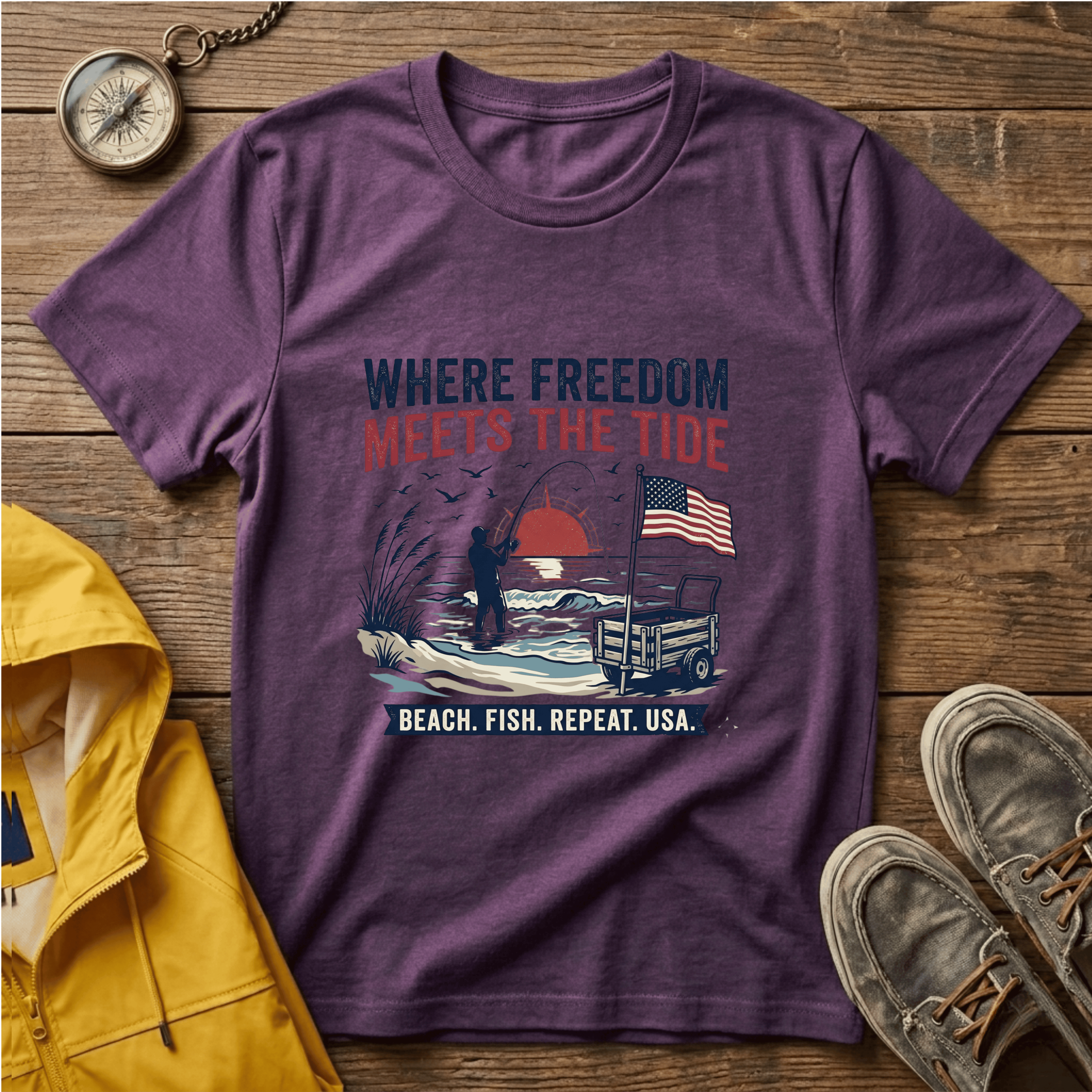 Where Freedom Meets the Tide T-Shirt — Patriotic Beach Fishing Graphic Tee