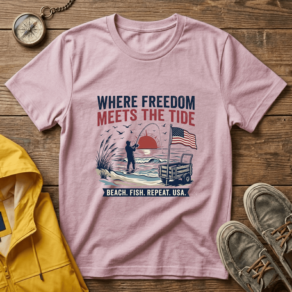 Where Freedom Meets the Tide T-Shirt — Patriotic Beach Fishing Graphic Tee