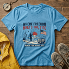 Where Freedom Meets the Tide T-Shirt — Patriotic Beach Fishing Graphic Tee