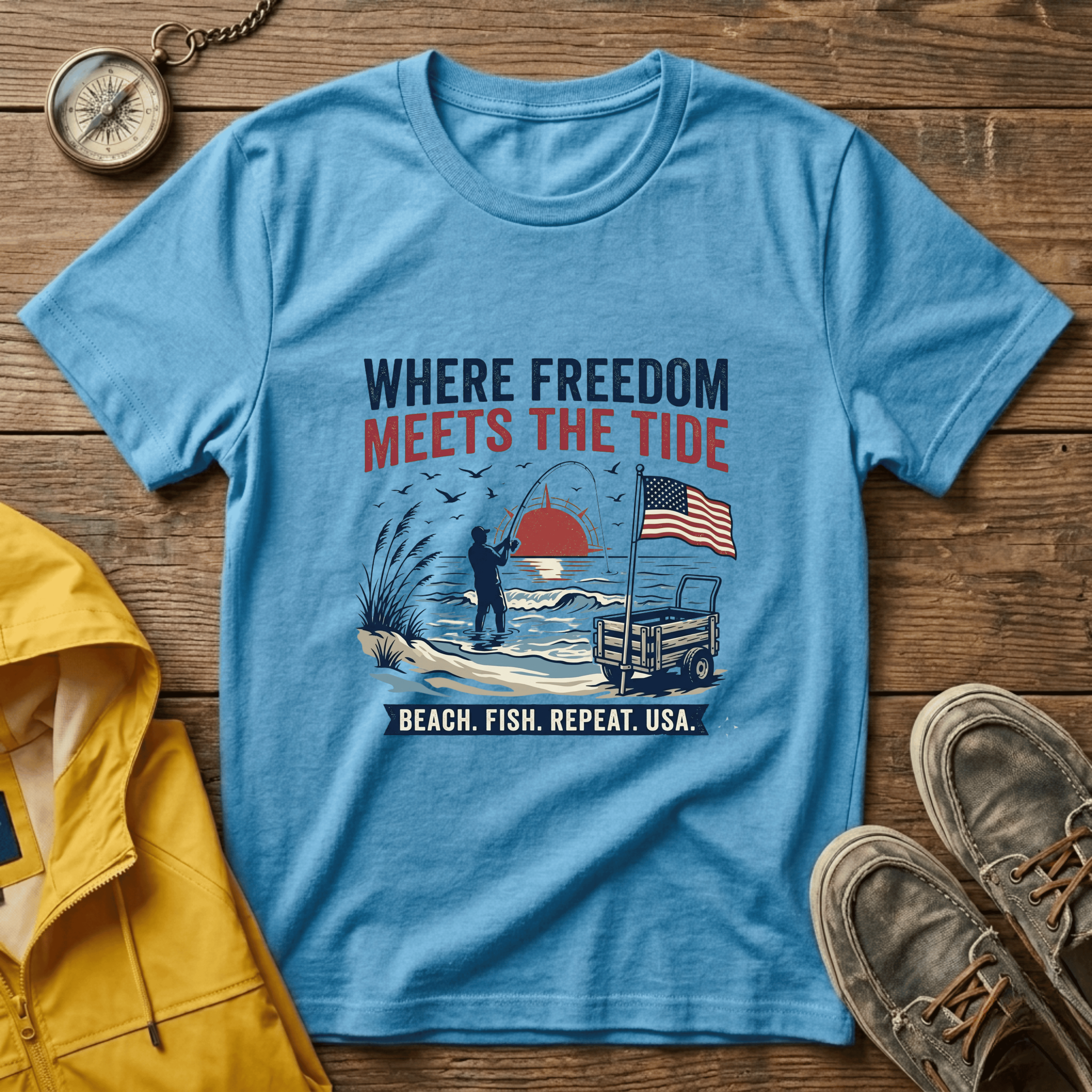 Where Freedom Meets the Tide T-Shirt — Patriotic Beach Fishing Graphic Tee