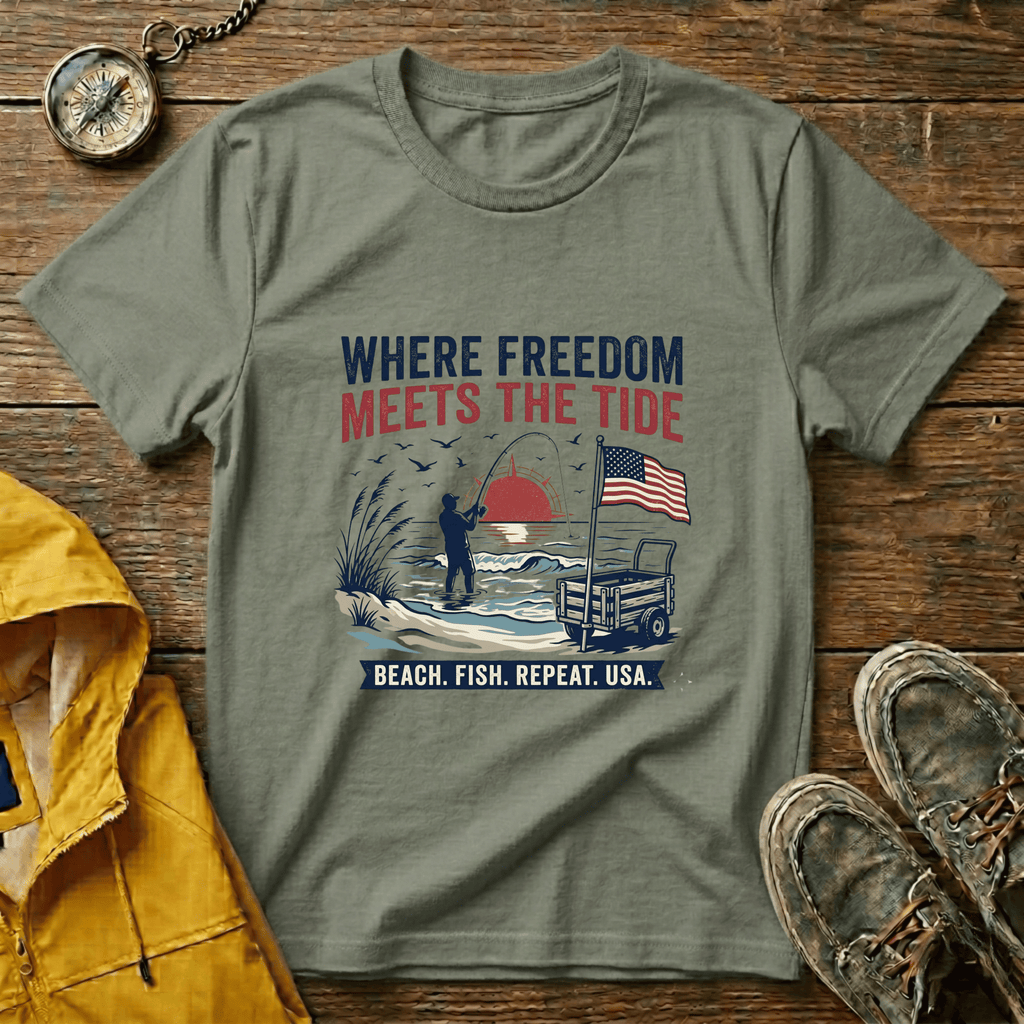 Where Freedom Meets the Tide T-Shirt — Patriotic Beach Fishing Graphic Tee