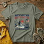 Where Freedom Meets the Tide T-Shirt — Patriotic Beach Fishing Graphic Tee