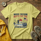 Where Freedom Meets the Tide T-Shirt — Patriotic Beach Fishing Graphic Tee