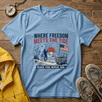Where Freedom Meets the Tide T-Shirt — Patriotic Beach Fishing Graphic Tee