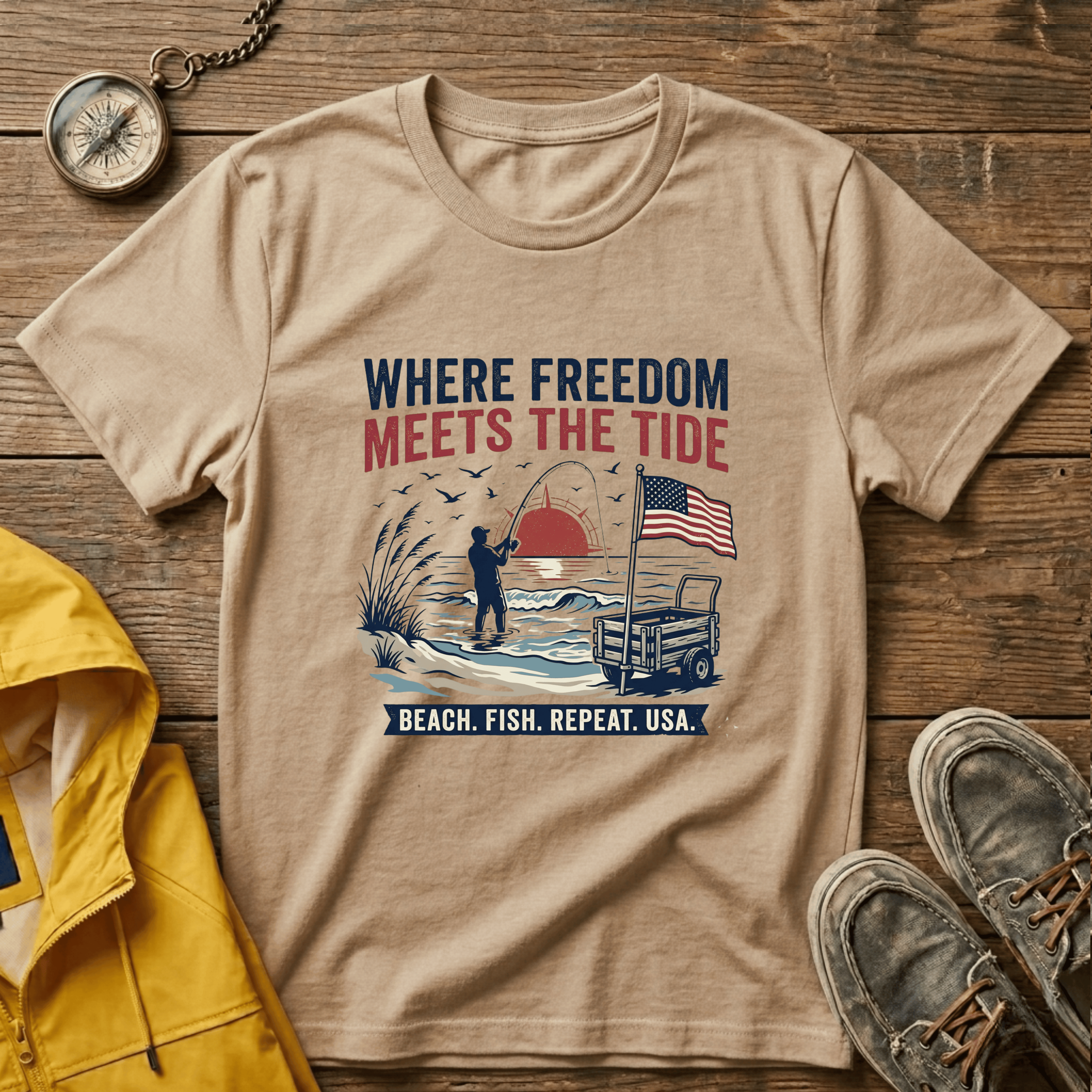 Where Freedom Meets the Tide T-Shirt — Patriotic Beach Fishing Graphic Tee
