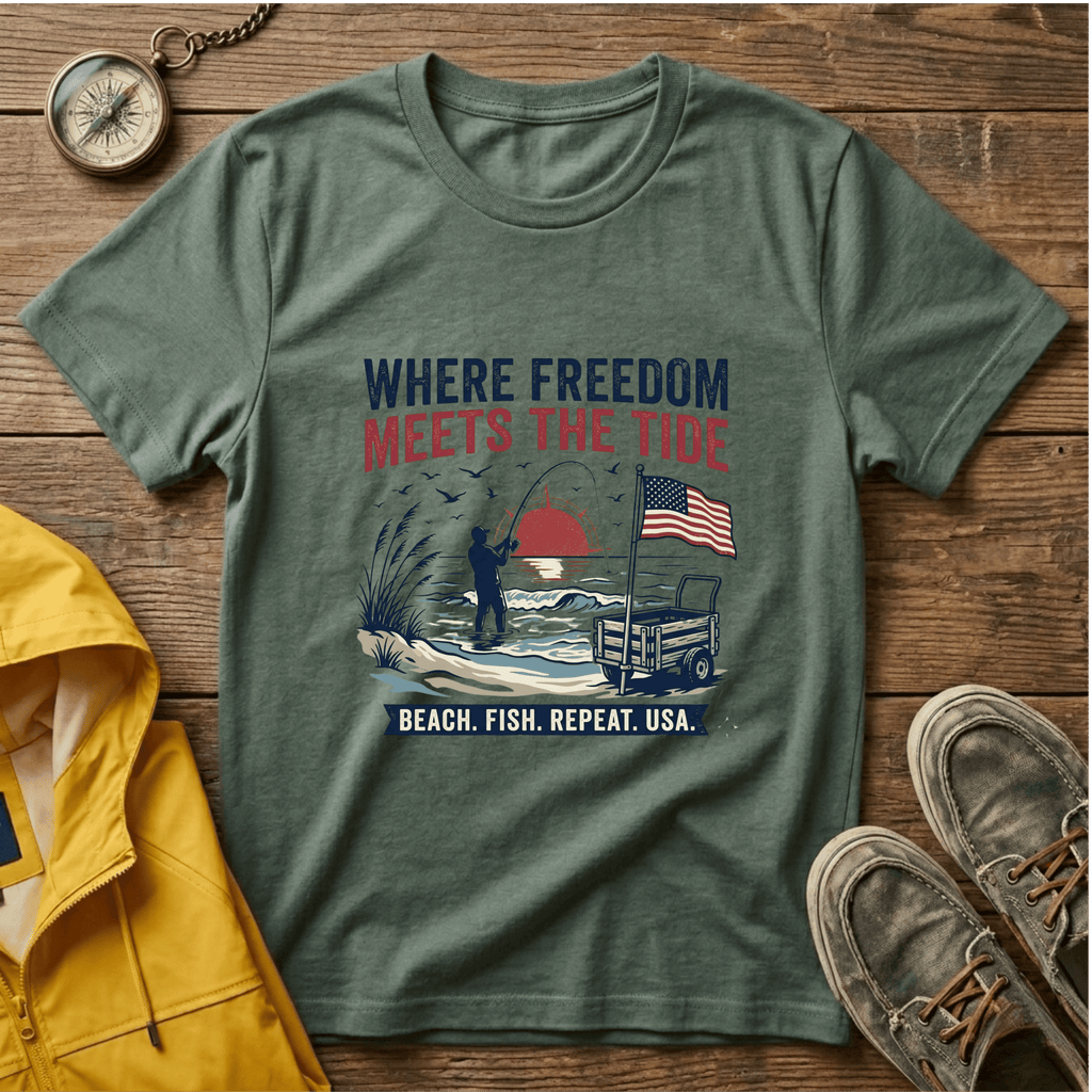 Where Freedom Meets the Tide T-Shirt — Patriotic Beach Fishing Graphic Tee