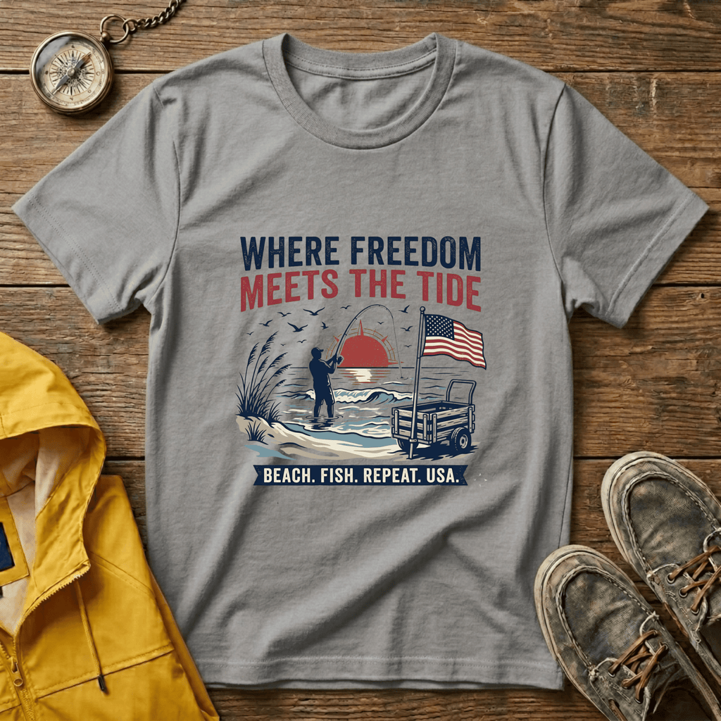 Where Freedom Meets the Tide T-Shirt — Patriotic Beach Fishing Graphic Tee