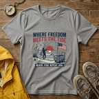 Where Freedom Meets the Tide T-Shirt — Patriotic Beach Fishing Graphic Tee