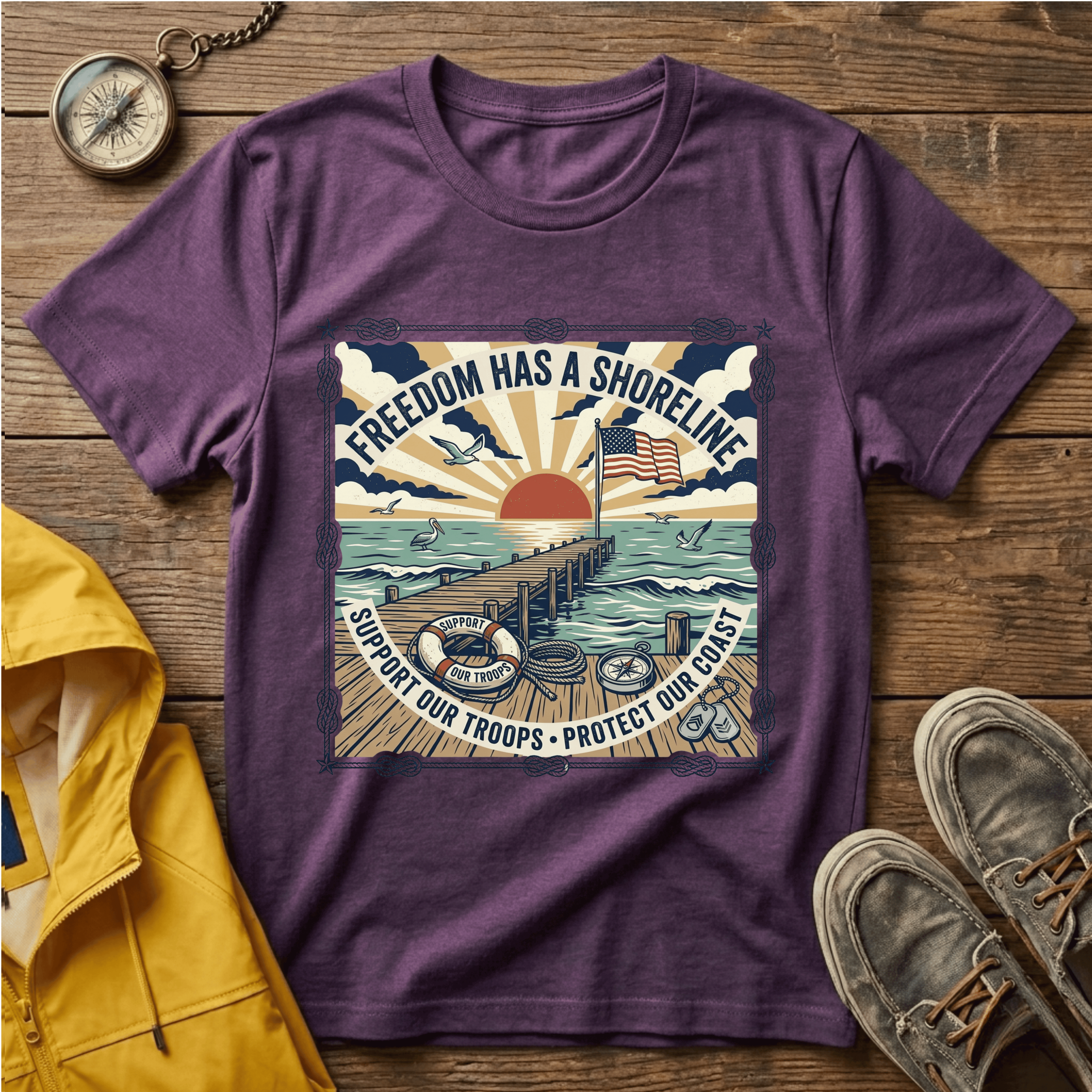 Freedom Has a Shoreline T-Shirt — Patriotic Beach Vintage Sunset Tee