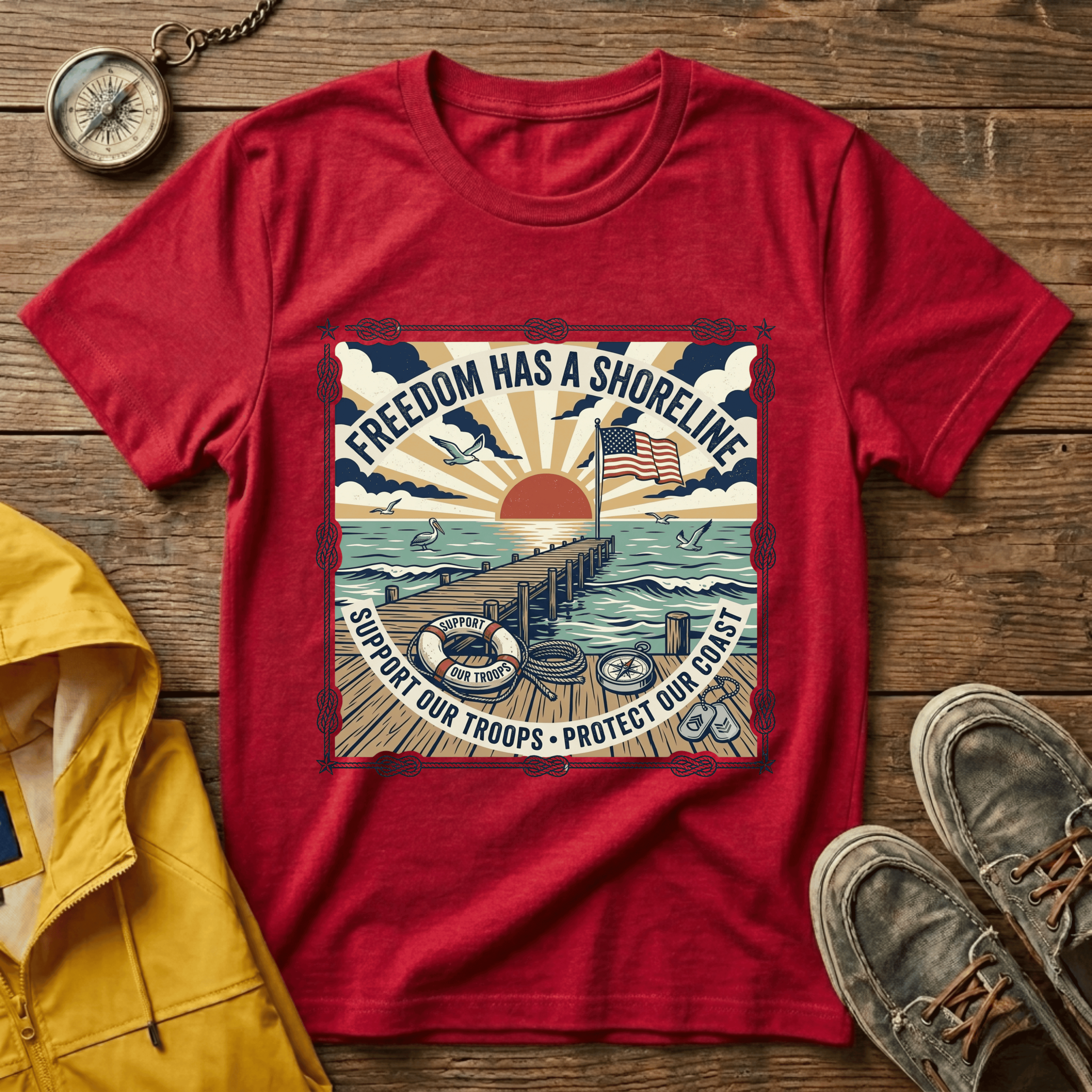 Freedom Has a Shoreline T-Shirt — Patriotic Beach Vintage Sunset Tee