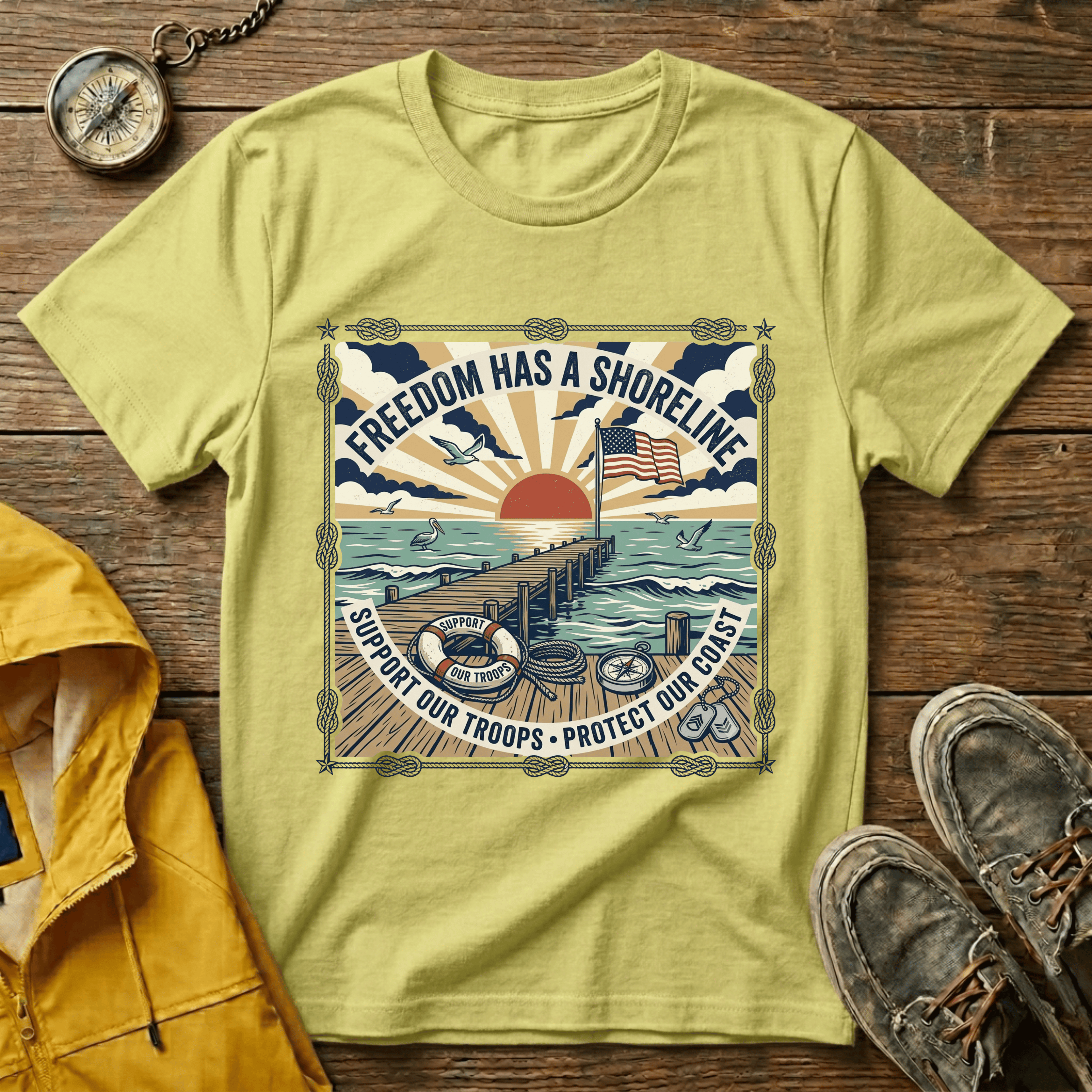 Freedom Has a Shoreline T-Shirt — Patriotic Beach Vintage Sunset Tee