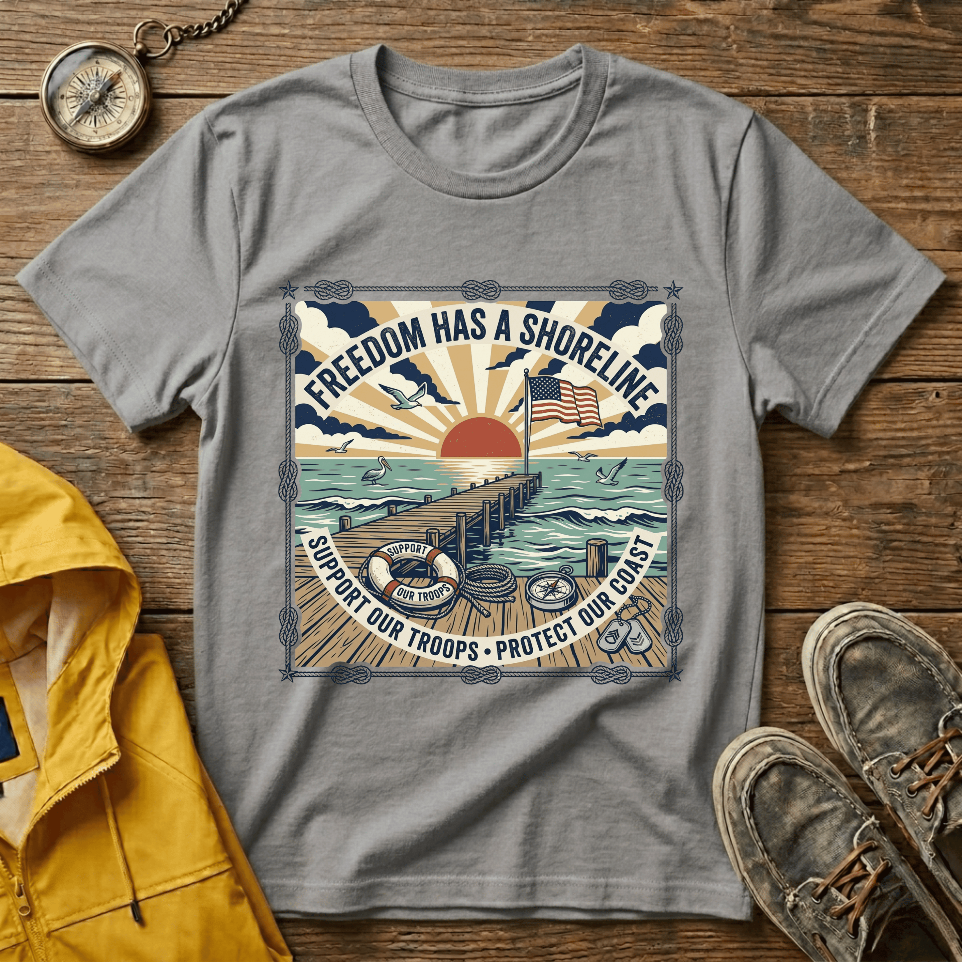 Freedom Has a Shoreline T-Shirt — Patriotic Beach Vintage Sunset Tee
