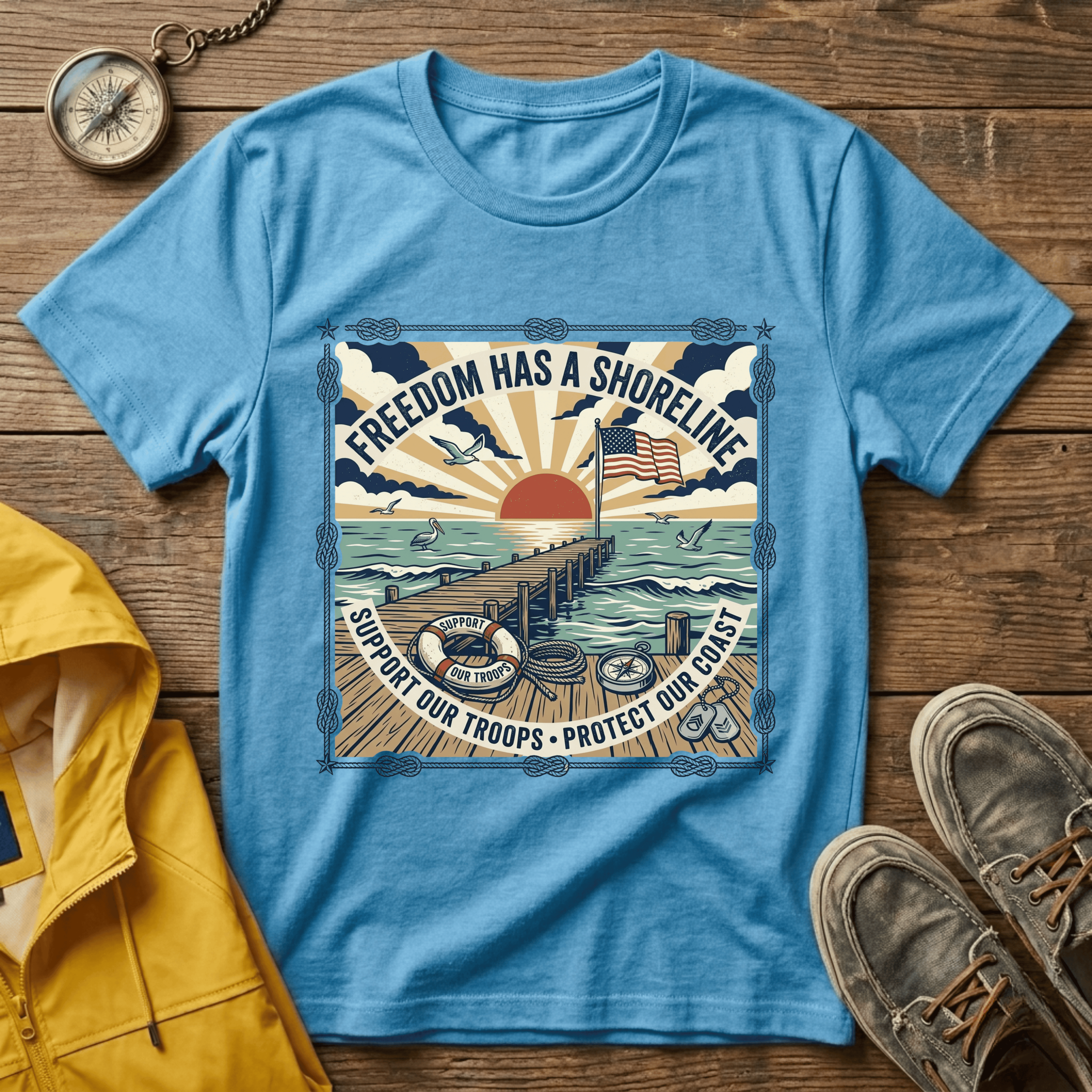 Freedom Has a Shoreline T-Shirt — Patriotic Beach Vintage Sunset Tee