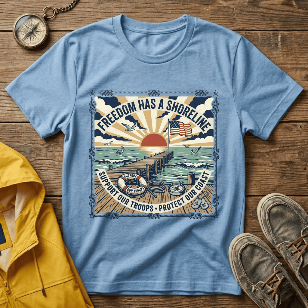 Freedom Has a Shoreline T-Shirt — Patriotic Beach Vintage Sunset Tee