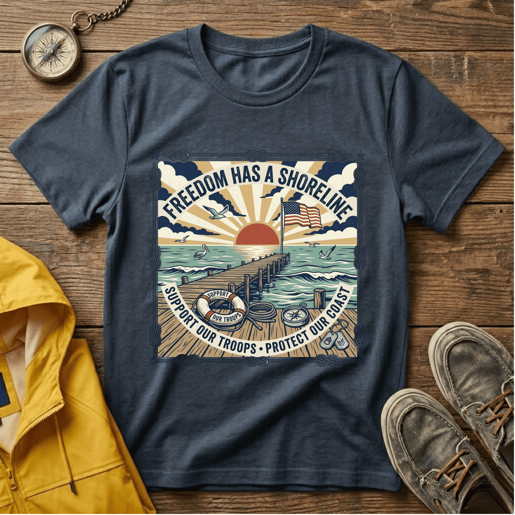 Freedom Has a Shoreline T-Shirt — Patriotic Beach Vintage Sunset Tee