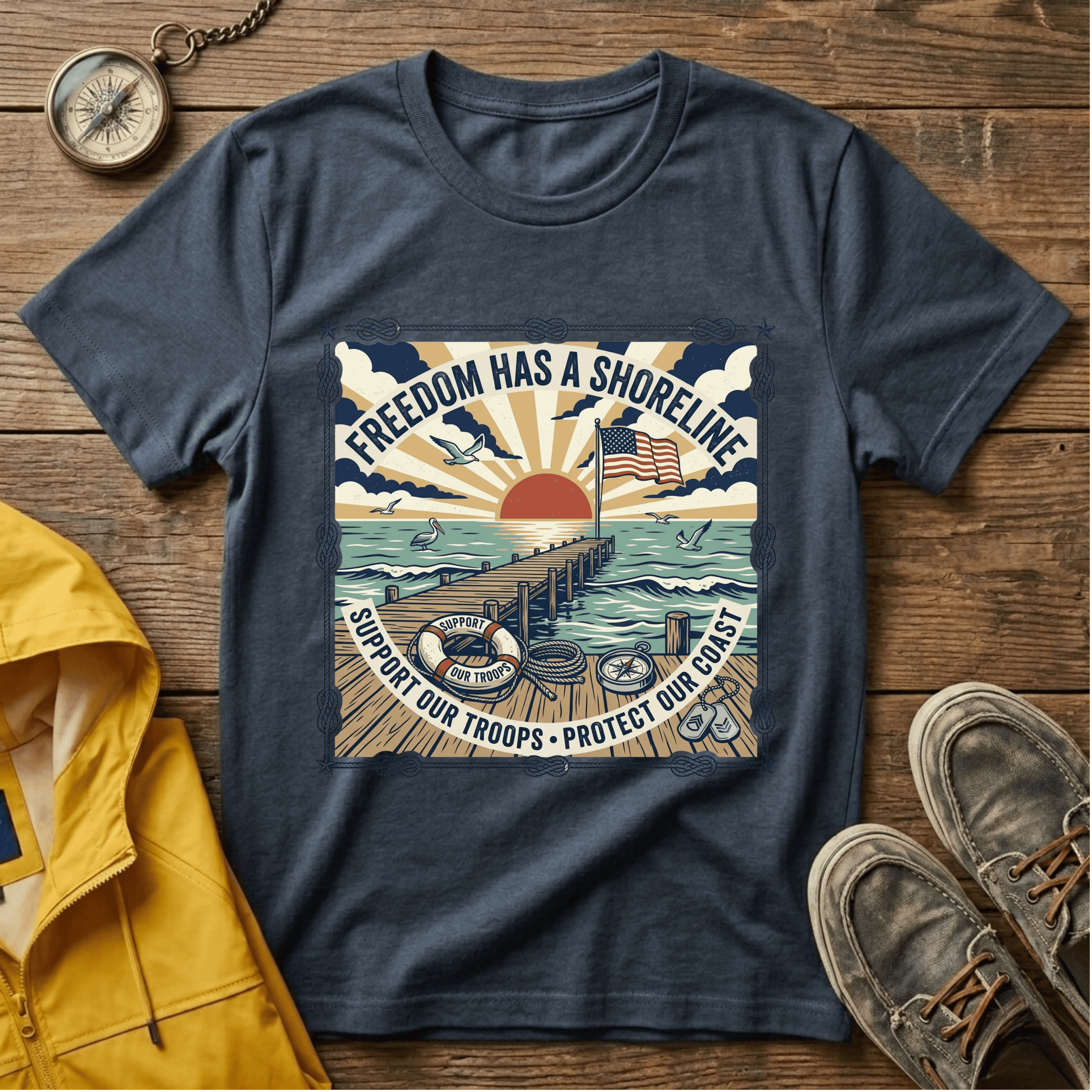 Freedom Has a Shoreline T-Shirt — Patriotic Beach Vintage Sunset Tee