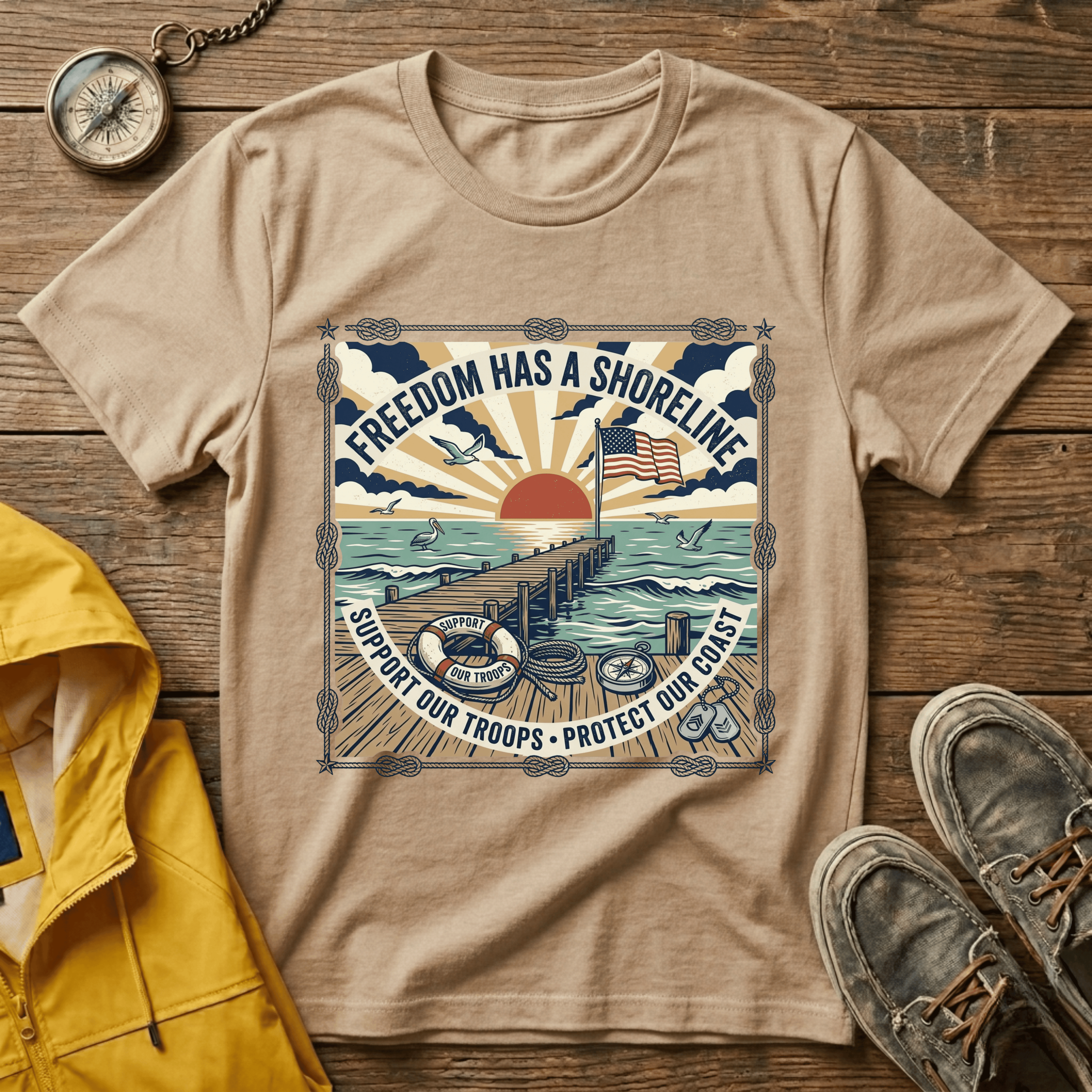 Freedom Has a Shoreline T-Shirt — Patriotic Beach Vintage Sunset Tee