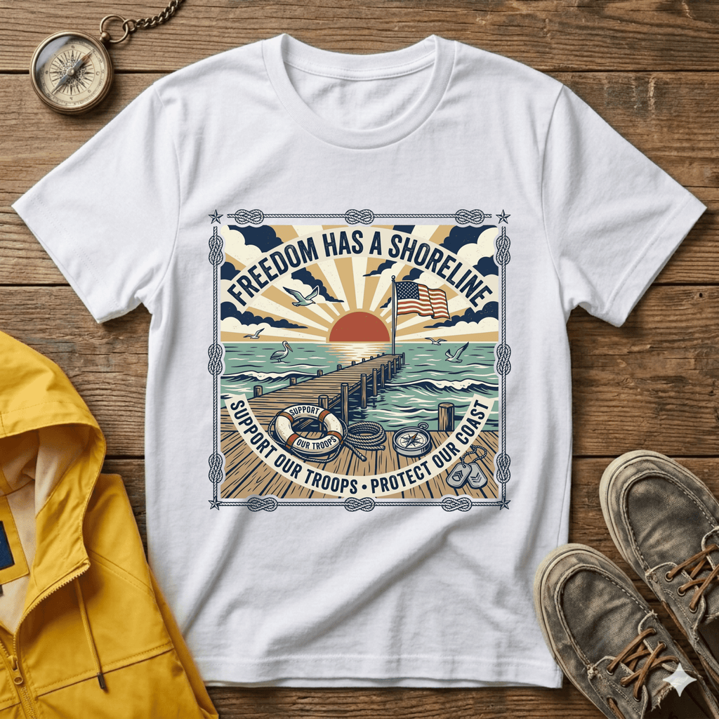 Freedom Has a Shoreline T-Shirt — Patriotic Beach Vintage Sunset Tee