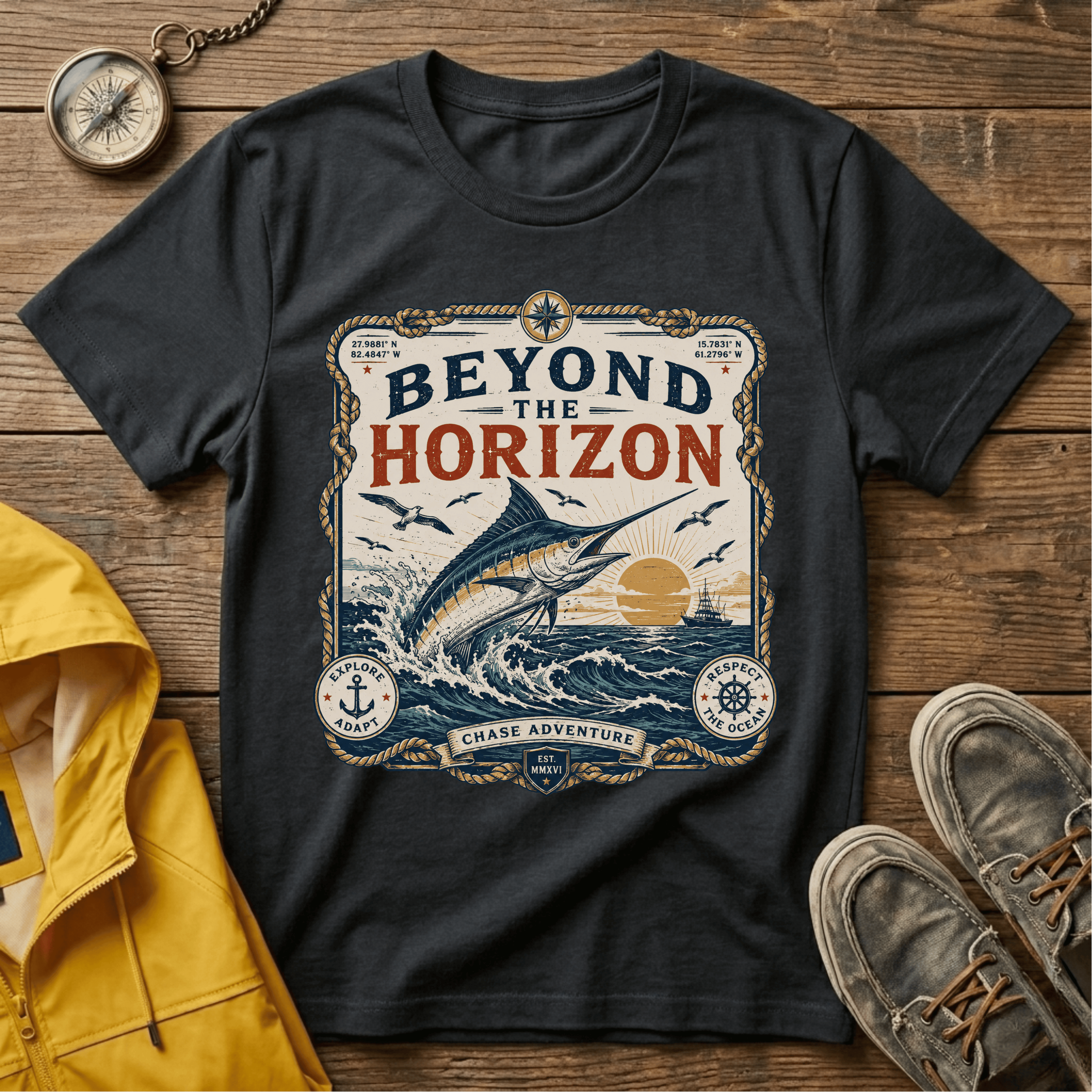 Beyond the Horizon T-Shirt — Vintage Nautical Marlin Graphic Tee