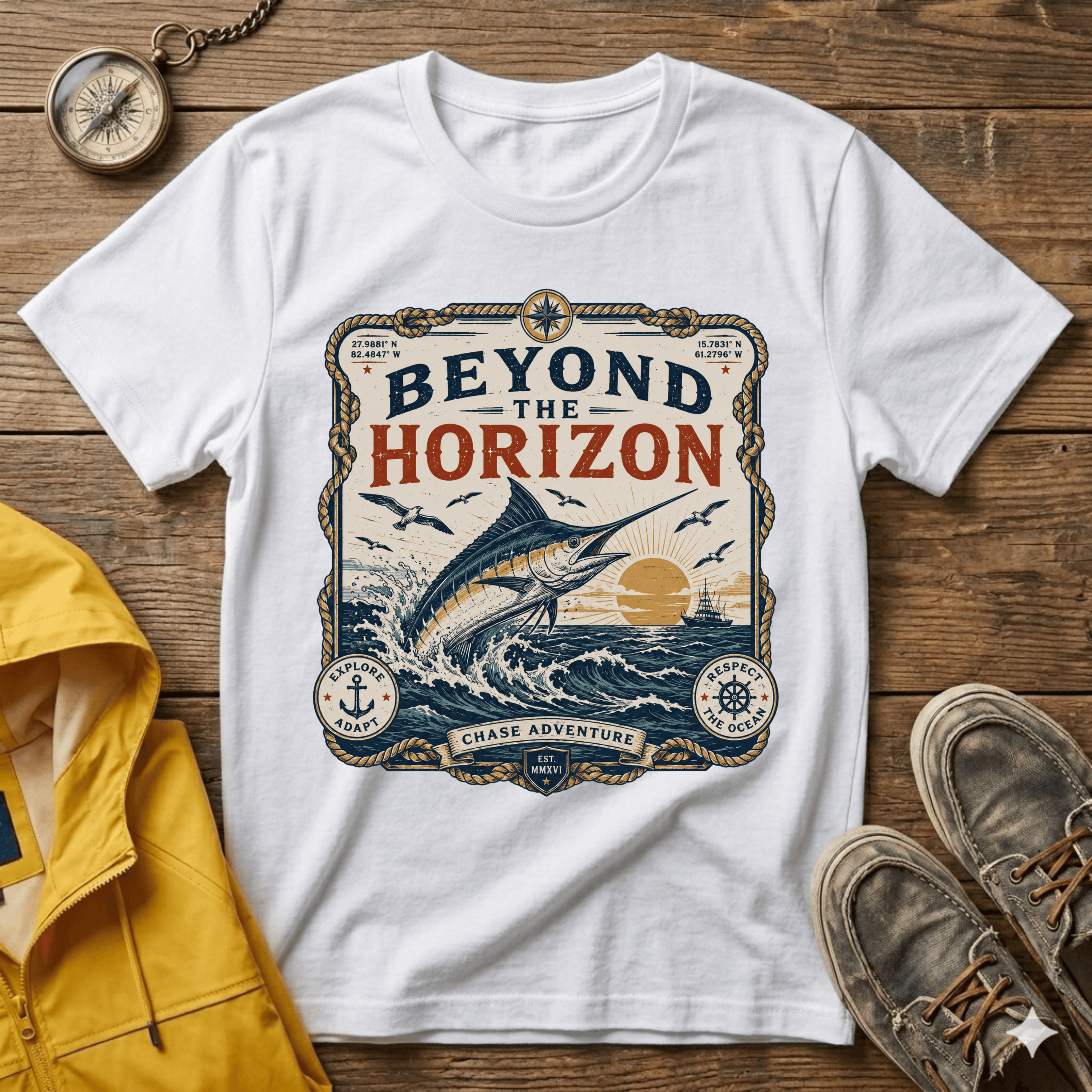 Beyond the Horizon T-Shirt — Vintage Nautical Marlin Graphic Tee
