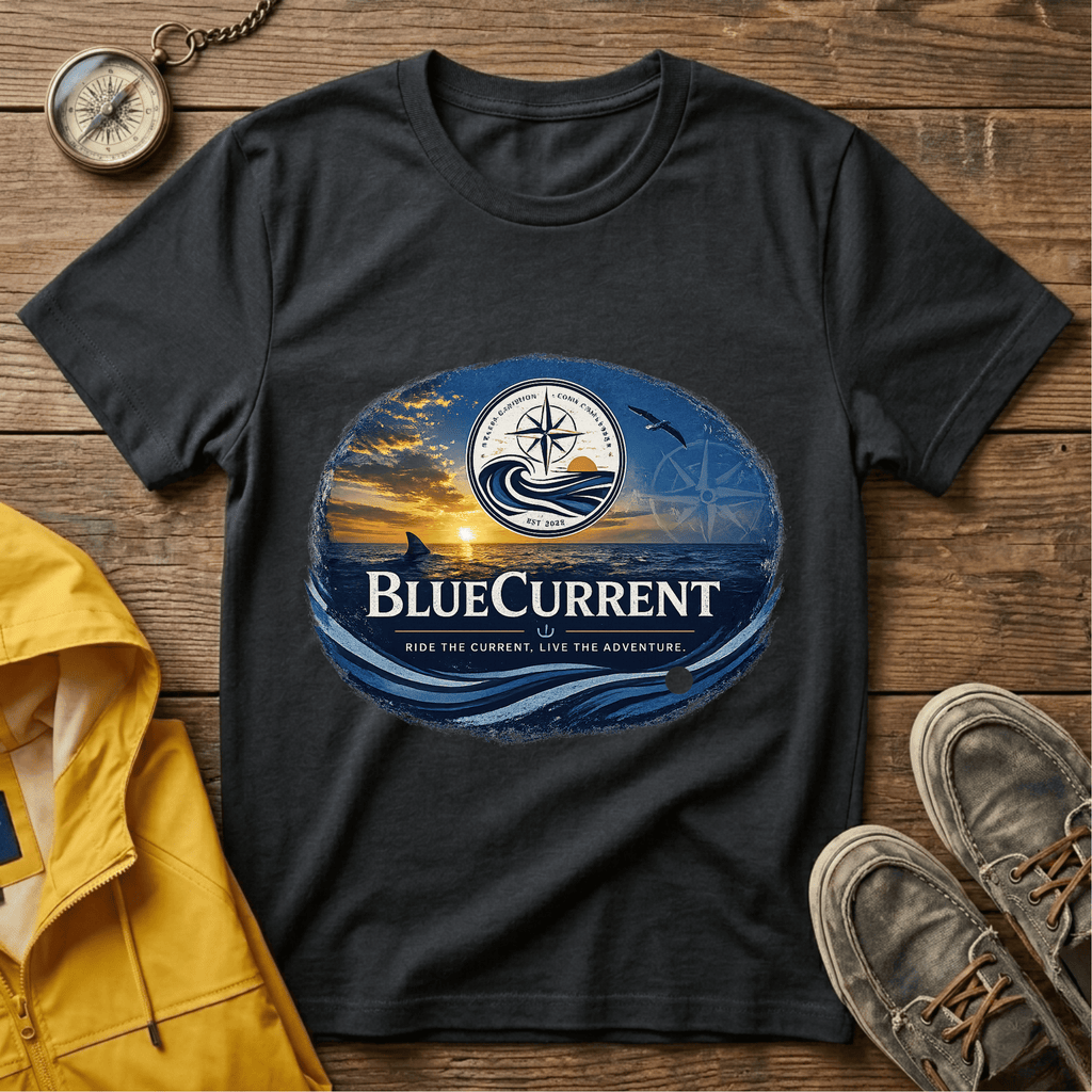 BlueCurrent Compass Logo T-Shirt — Coastal Sunset Nautical Tee