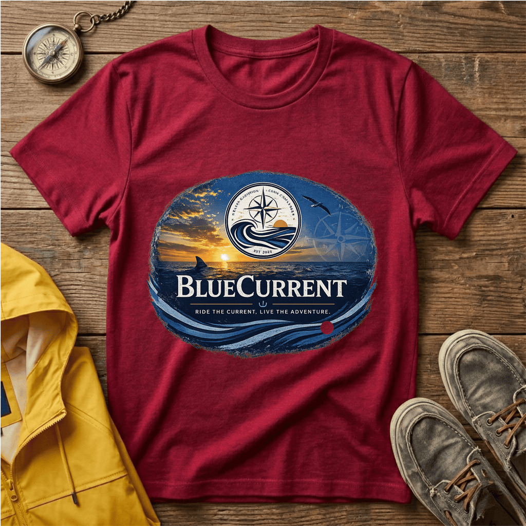 BlueCurrent Compass Logo T-Shirt — Coastal Sunset Nautical Tee