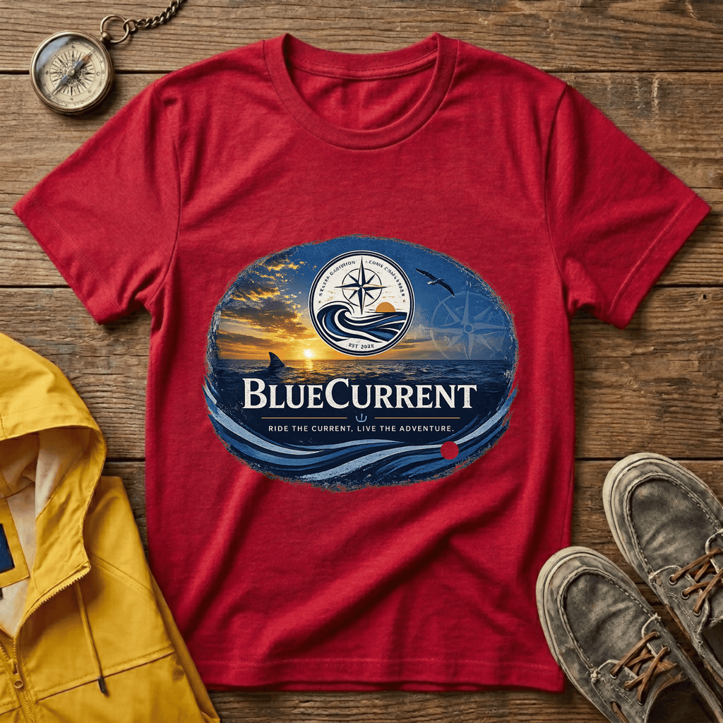 BlueCurrent Compass Logo T-Shirt — Coastal Sunset Nautical Tee