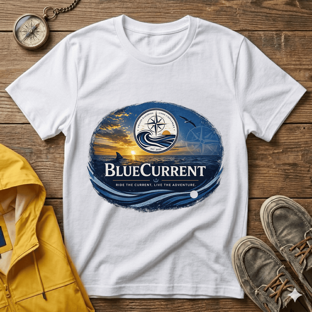 BlueCurrent Compass Logo T-Shirt — Coastal Sunset Nautical Tee
