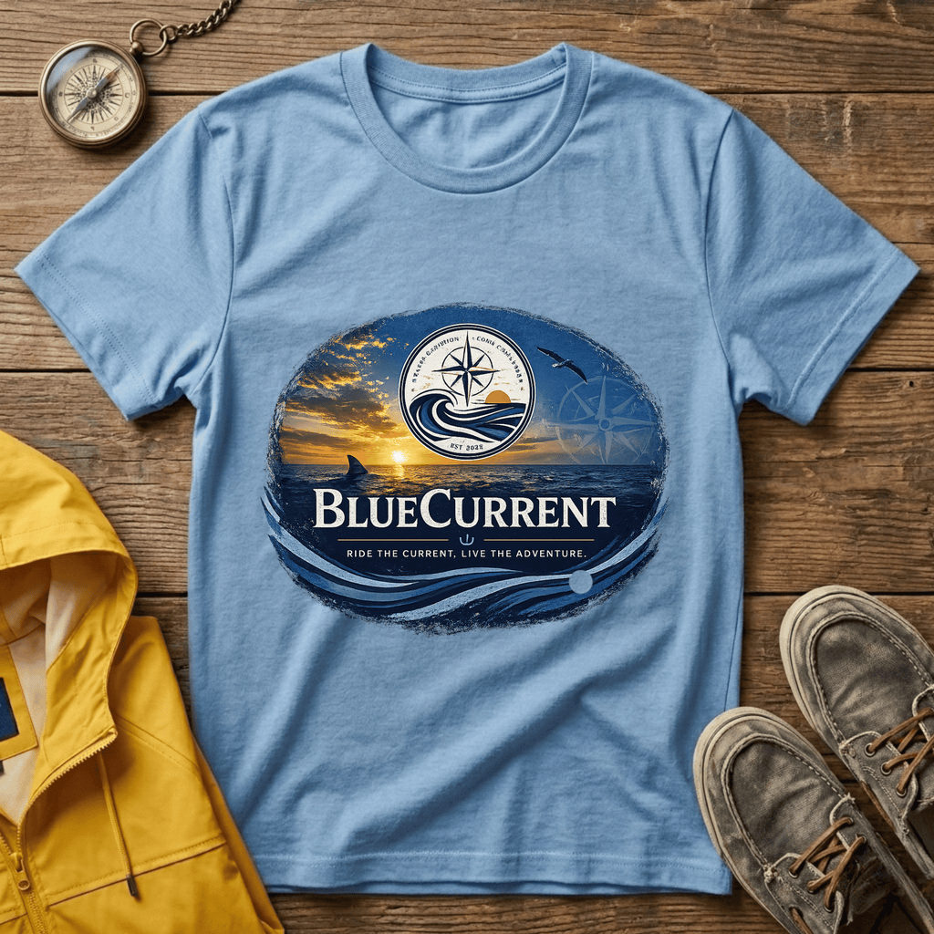 BlueCurrent Compass Logo T-Shirt — Coastal Sunset Nautical Tee