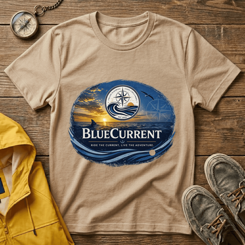 BlueCurrent Compass Logo T-Shirt — Coastal Sunset Nautical Tee