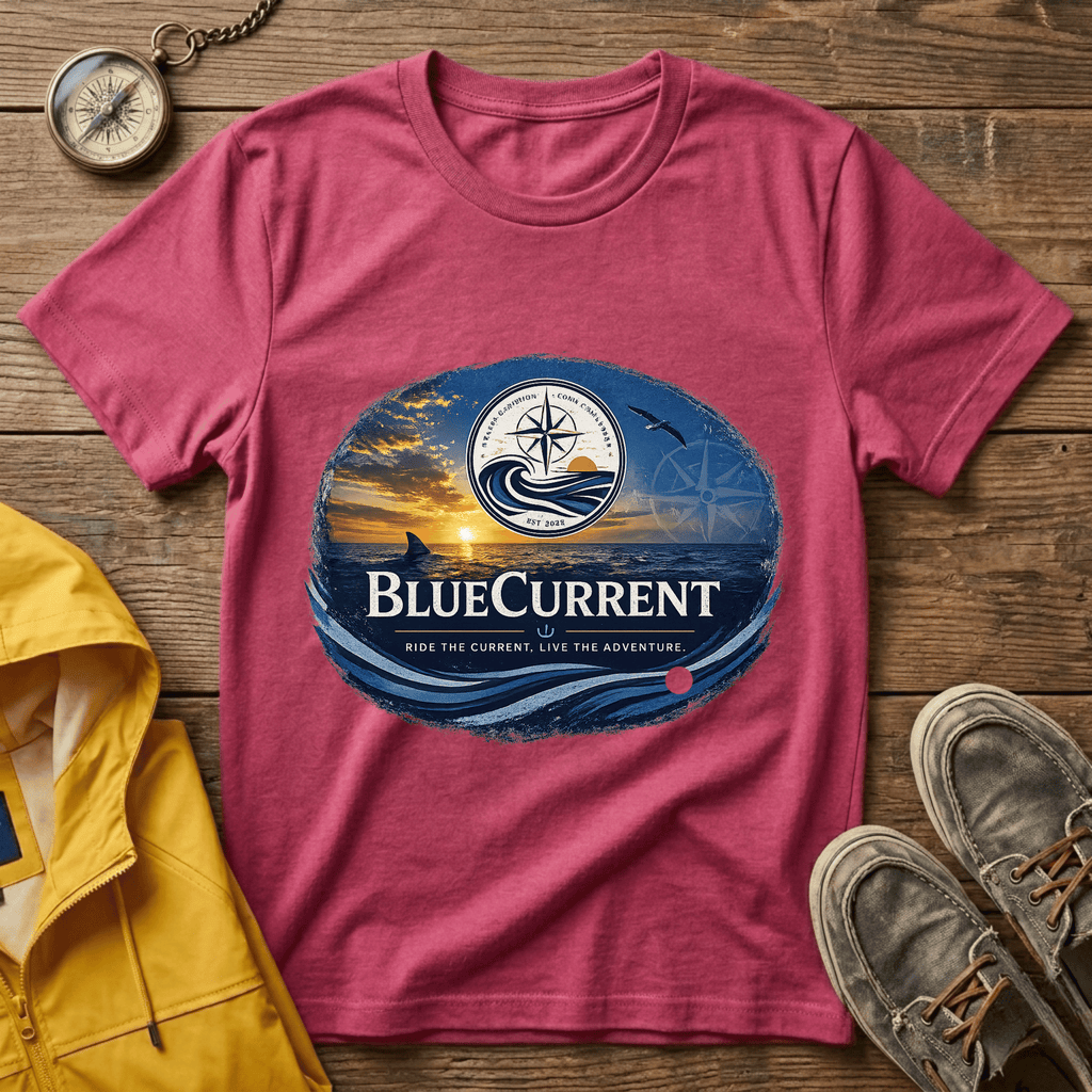 BlueCurrent Compass Logo T-Shirt — Coastal Sunset Nautical Tee