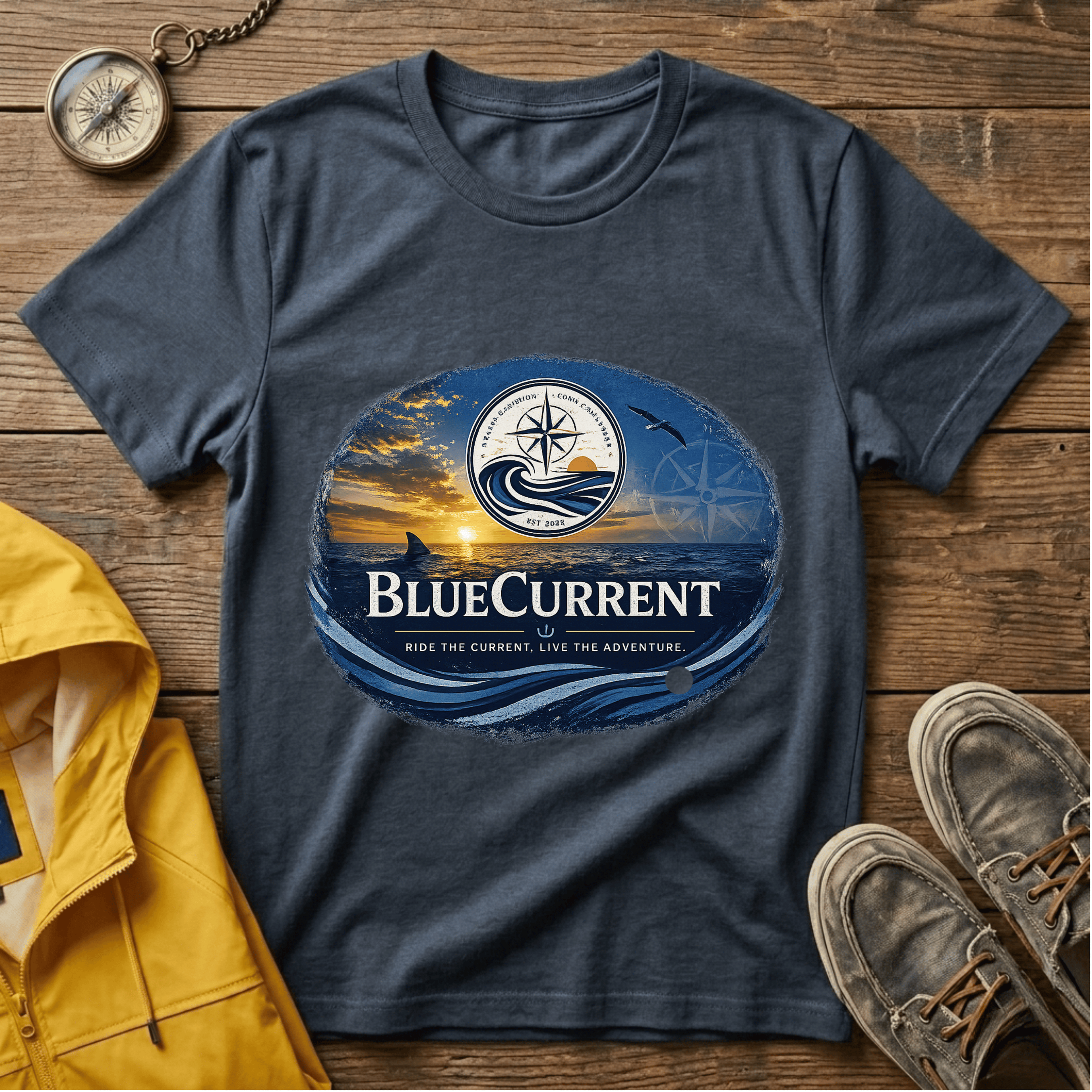 BlueCurrent Compass Logo T-Shirt — Coastal Sunset Nautical Tee