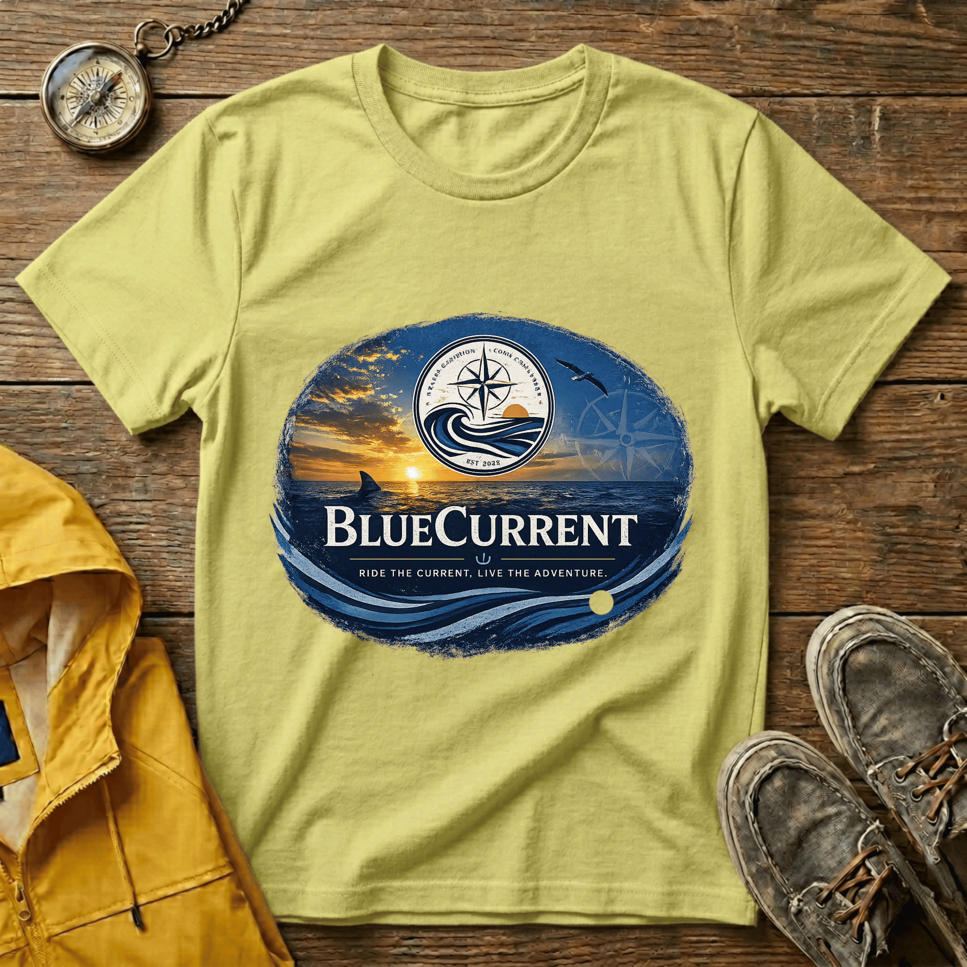 BlueCurrent Compass Logo T-Shirt — Coastal Sunset Nautical Tee