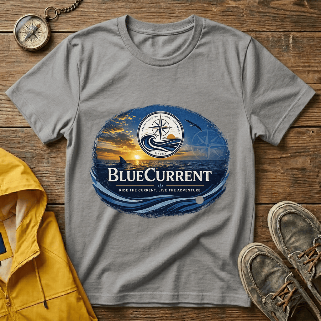 BlueCurrent Compass Logo T-Shirt — Coastal Sunset Nautical Tee