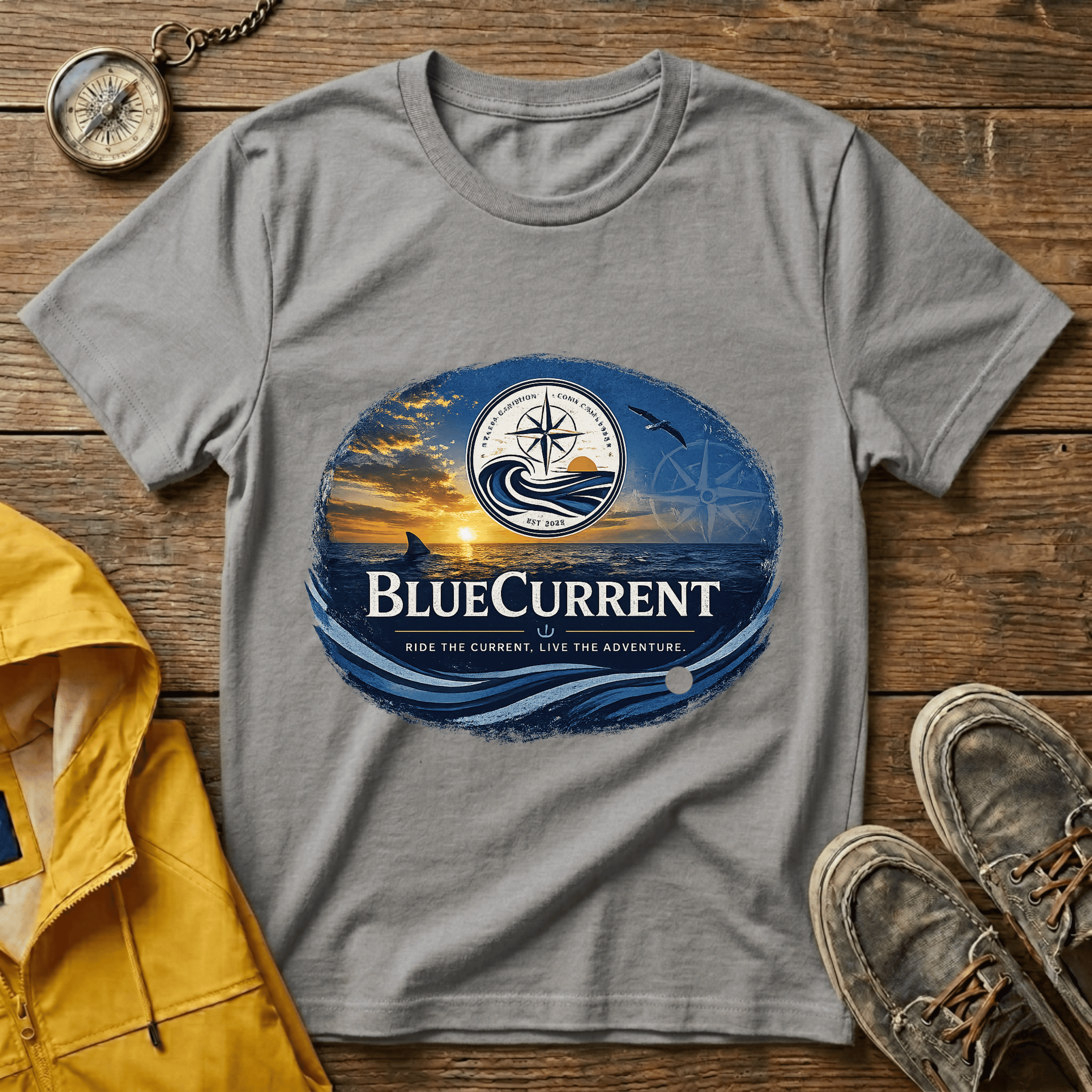 BlueCurrent Compass Logo T-Shirt — Coastal Sunset Nautical Tee
