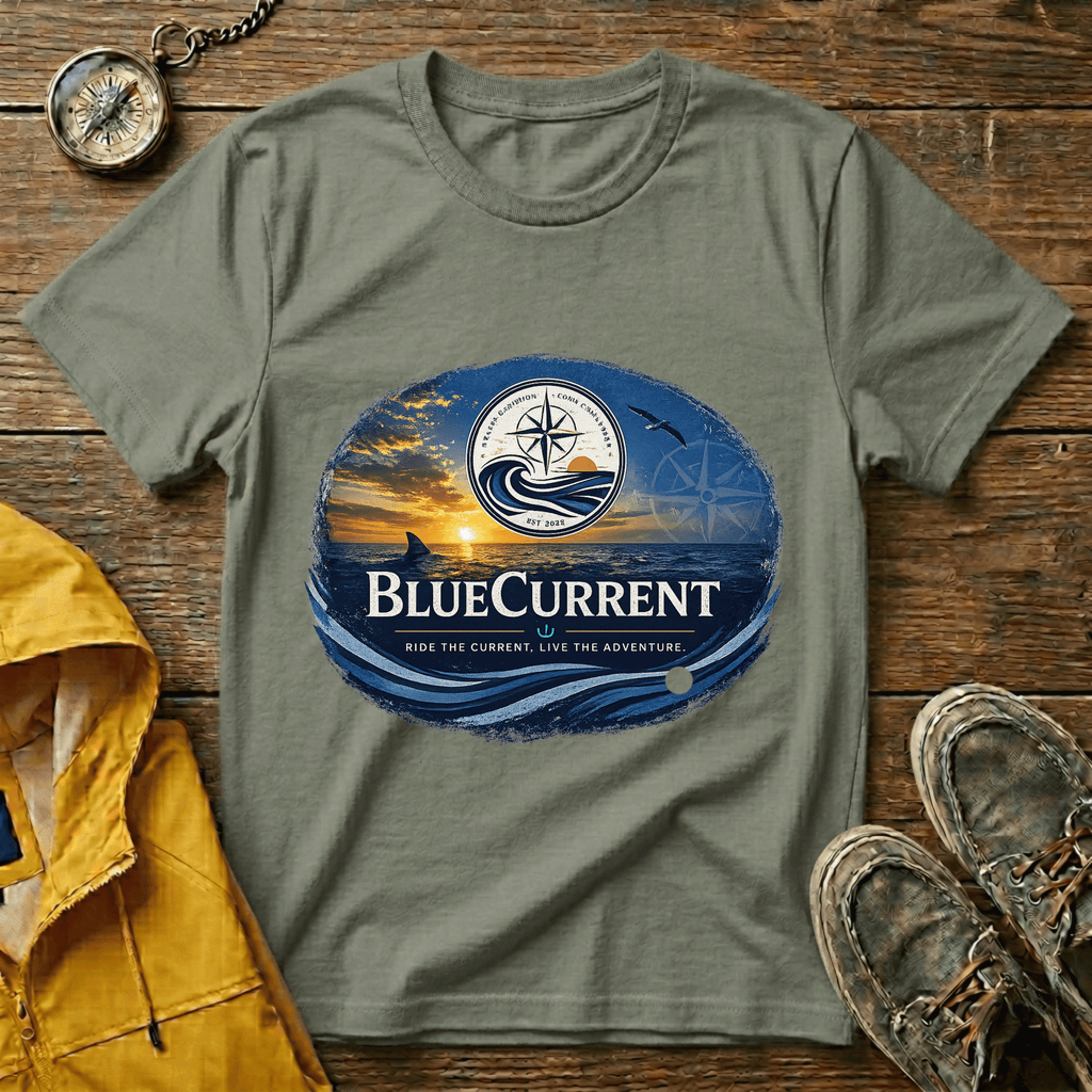 BlueCurrent Compass Logo T-Shirt — Coastal Sunset Nautical Tee