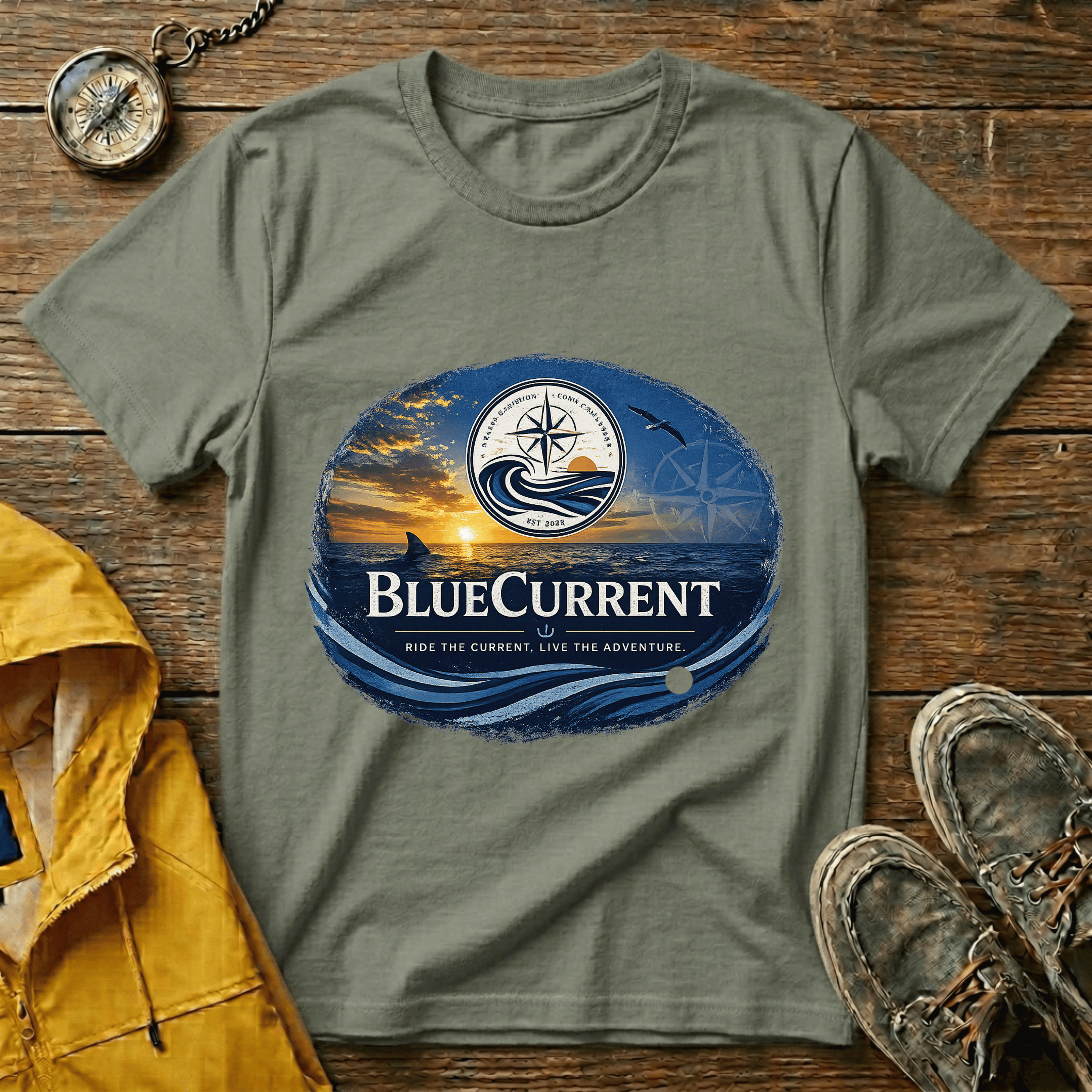 BlueCurrent Compass Logo T-Shirt — Coastal Sunset Nautical Tee
