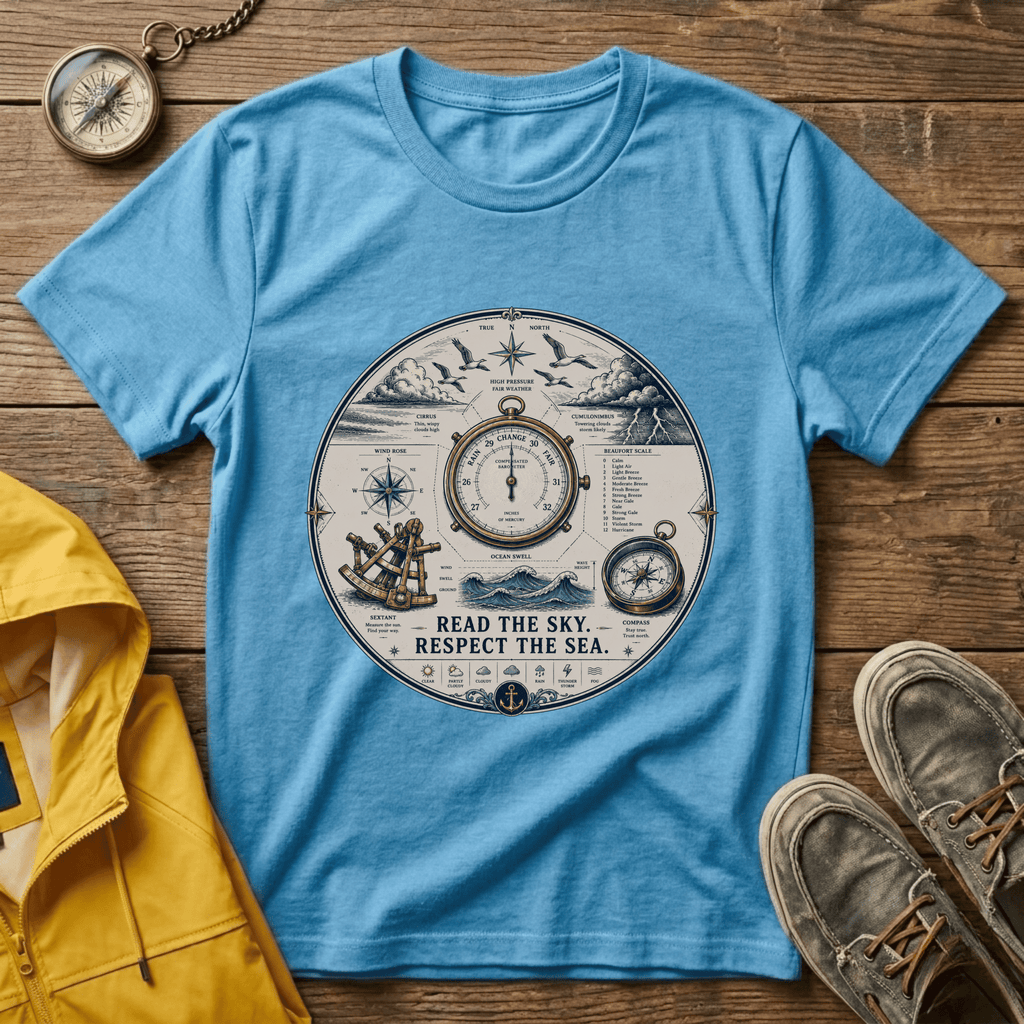 Nautical Compass T-Shirt — “Read the Sky, Respect the Sea” Vintage Maritime Tee