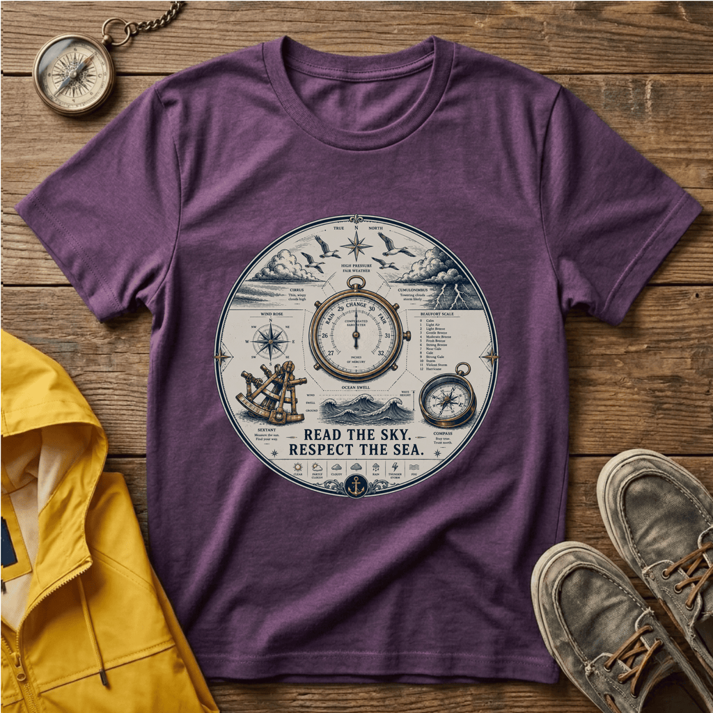 Nautical Compass T-Shirt — “Read the Sky, Respect the Sea” Vintage Maritime Tee