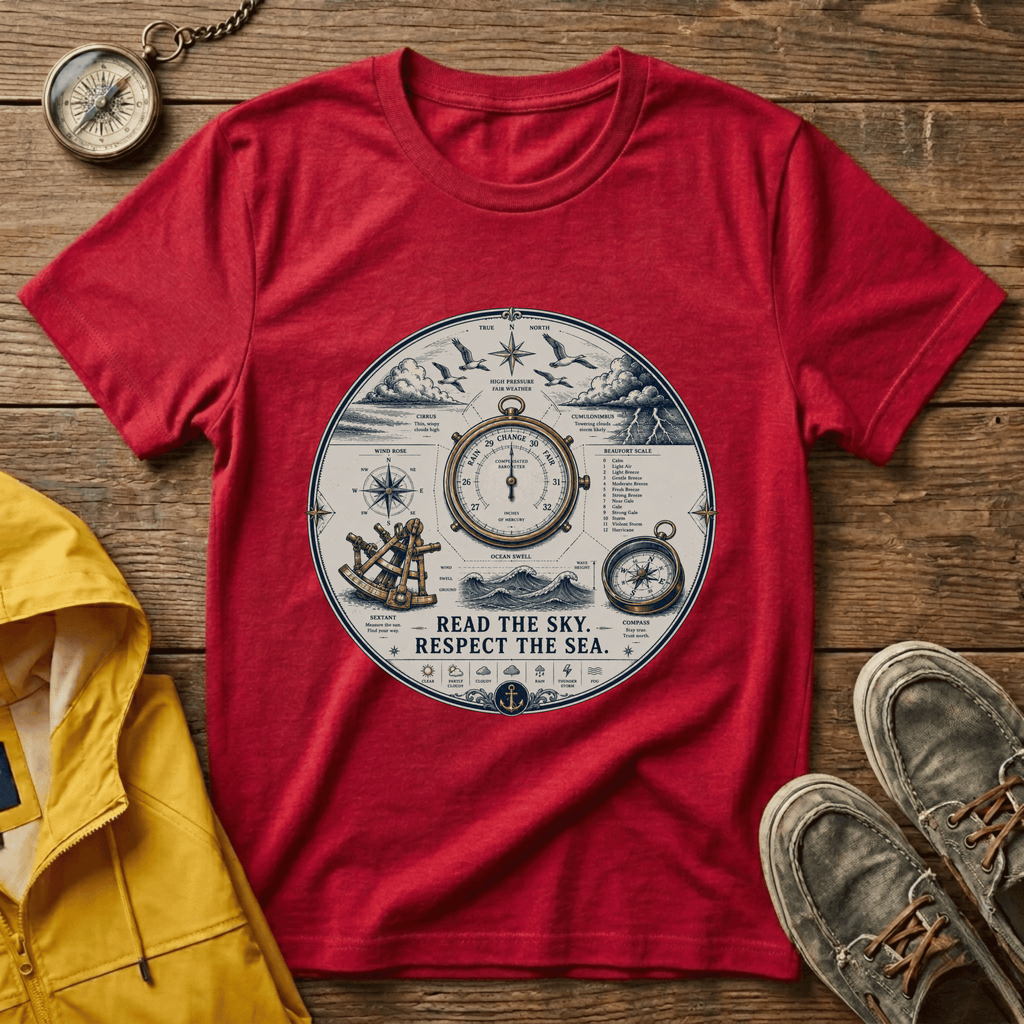 Nautical Compass T-Shirt — “Read the Sky, Respect the Sea” Vintage Maritime Tee