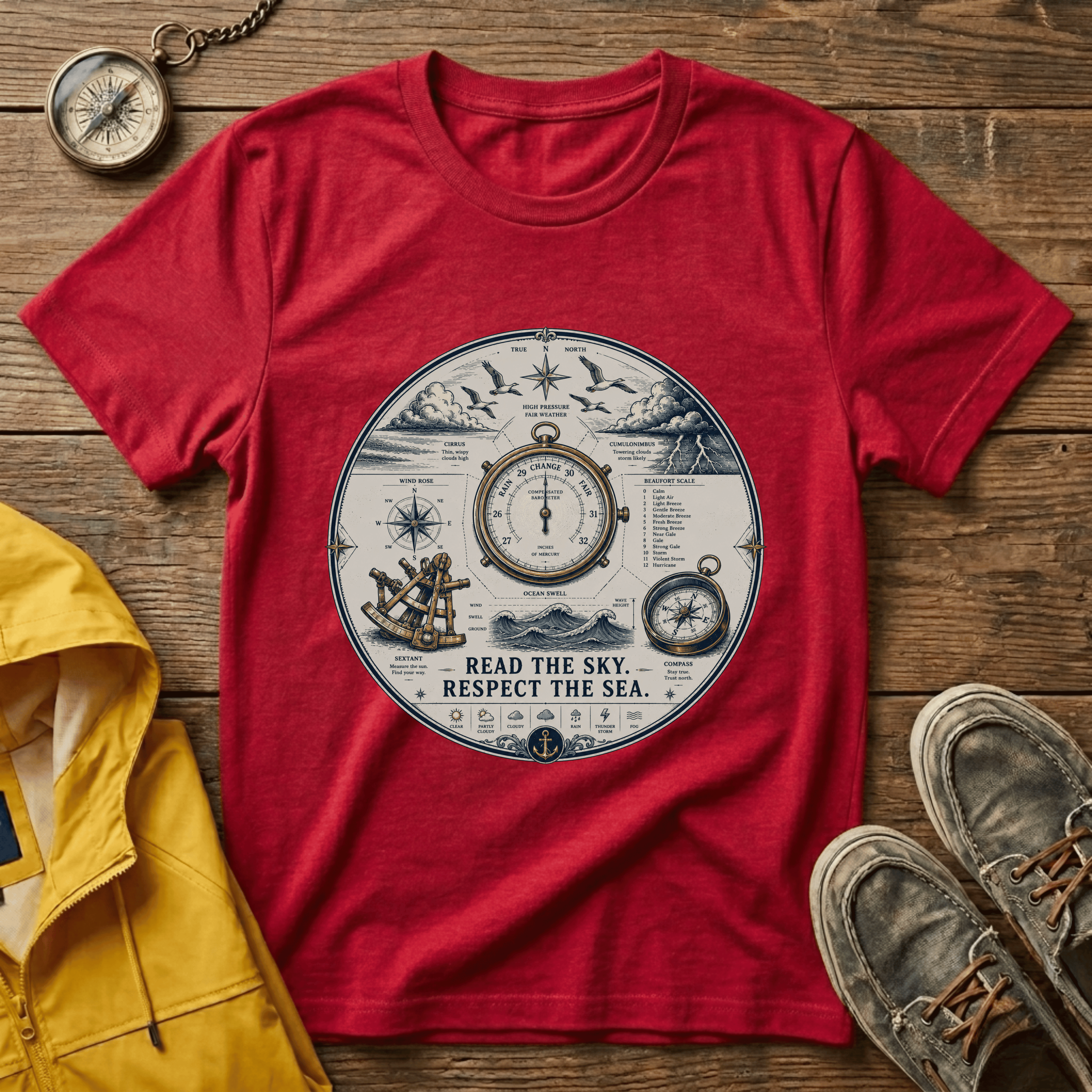 Nautical Compass T-Shirt — “Read the Sky, Respect the Sea” Vintage Maritime Tee