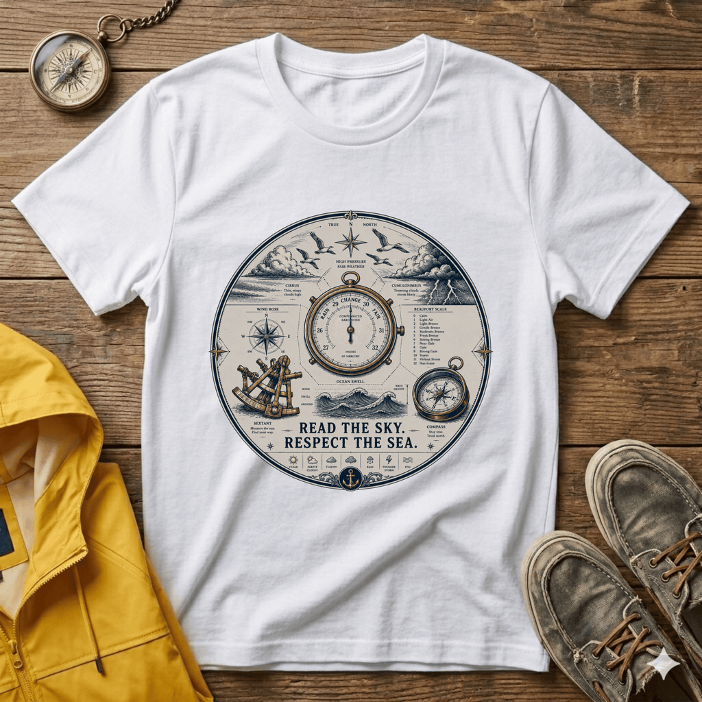 Nautical Compass T-Shirt — “Read the Sky, Respect the Sea” Vintage Maritime Tee