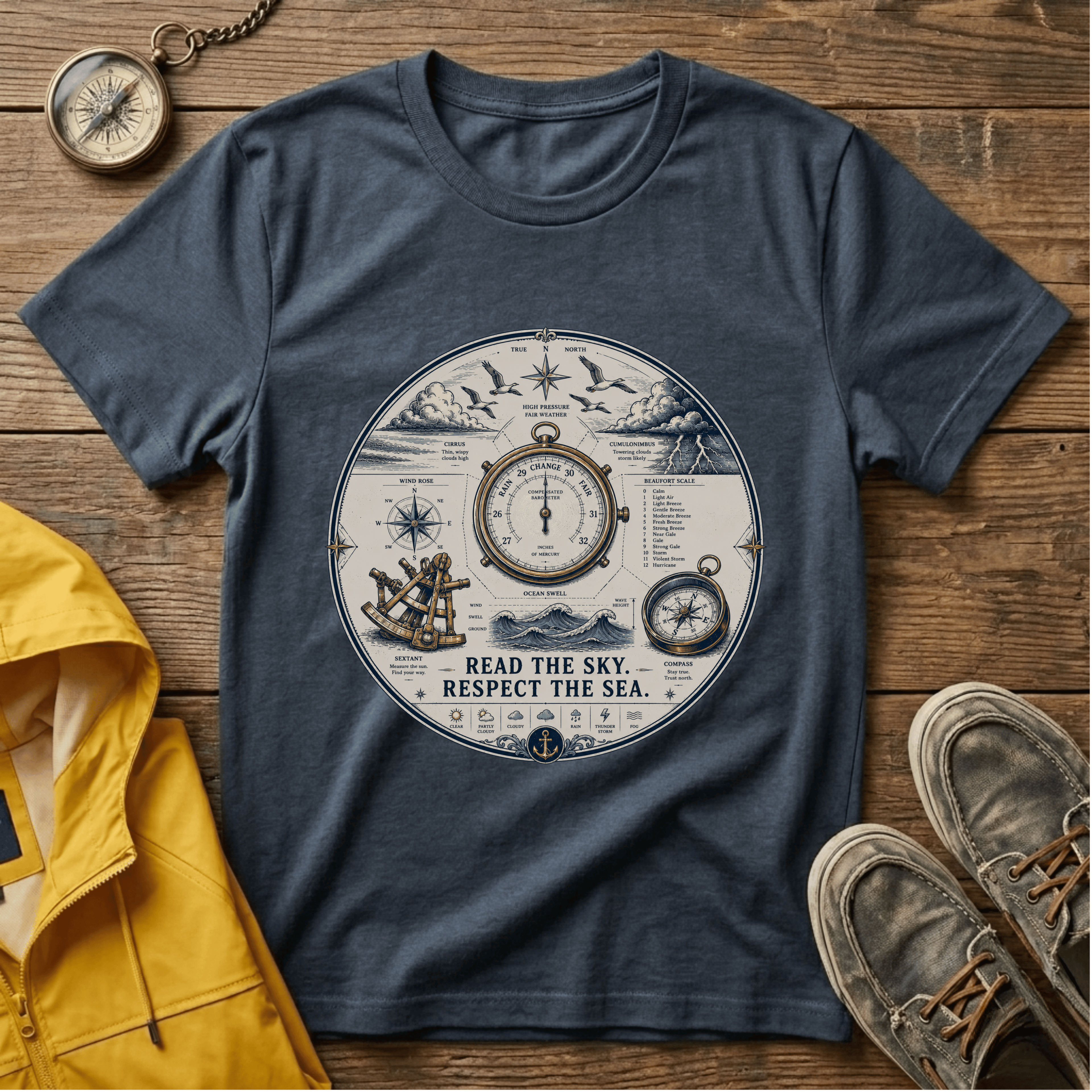 Nautical Compass T-Shirt — “Read the Sky, Respect the Sea” Vintage Maritime Tee