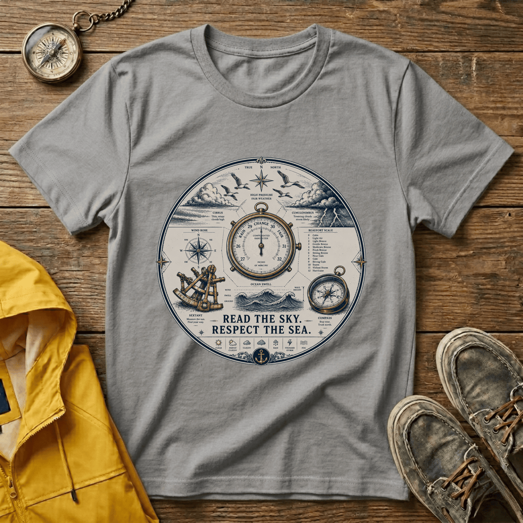 Nautical Compass T-Shirt — “Read the Sky, Respect the Sea” Vintage Maritime Tee