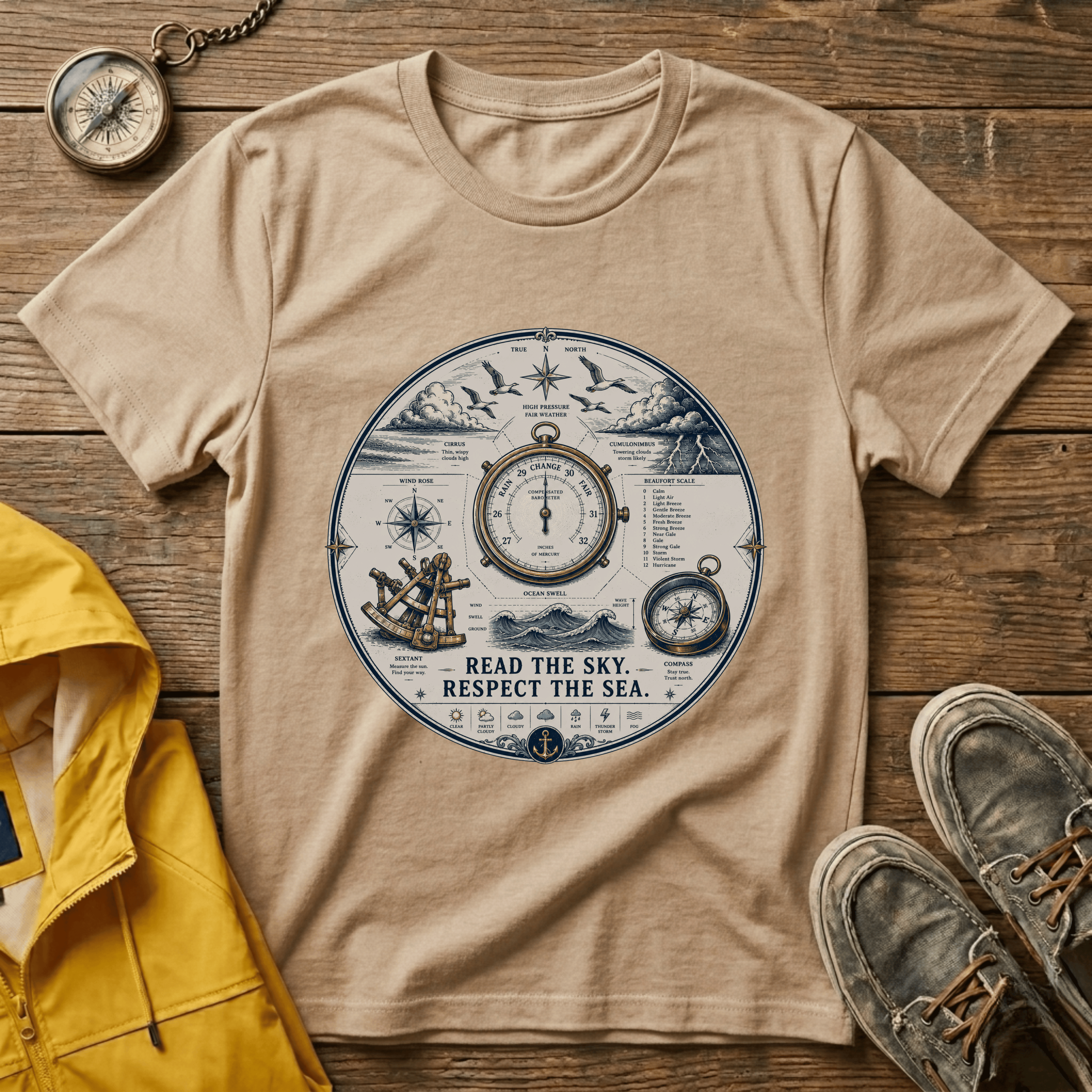 Nautical Compass T-Shirt — “Read the Sky, Respect the Sea” Vintage Maritime Tee
