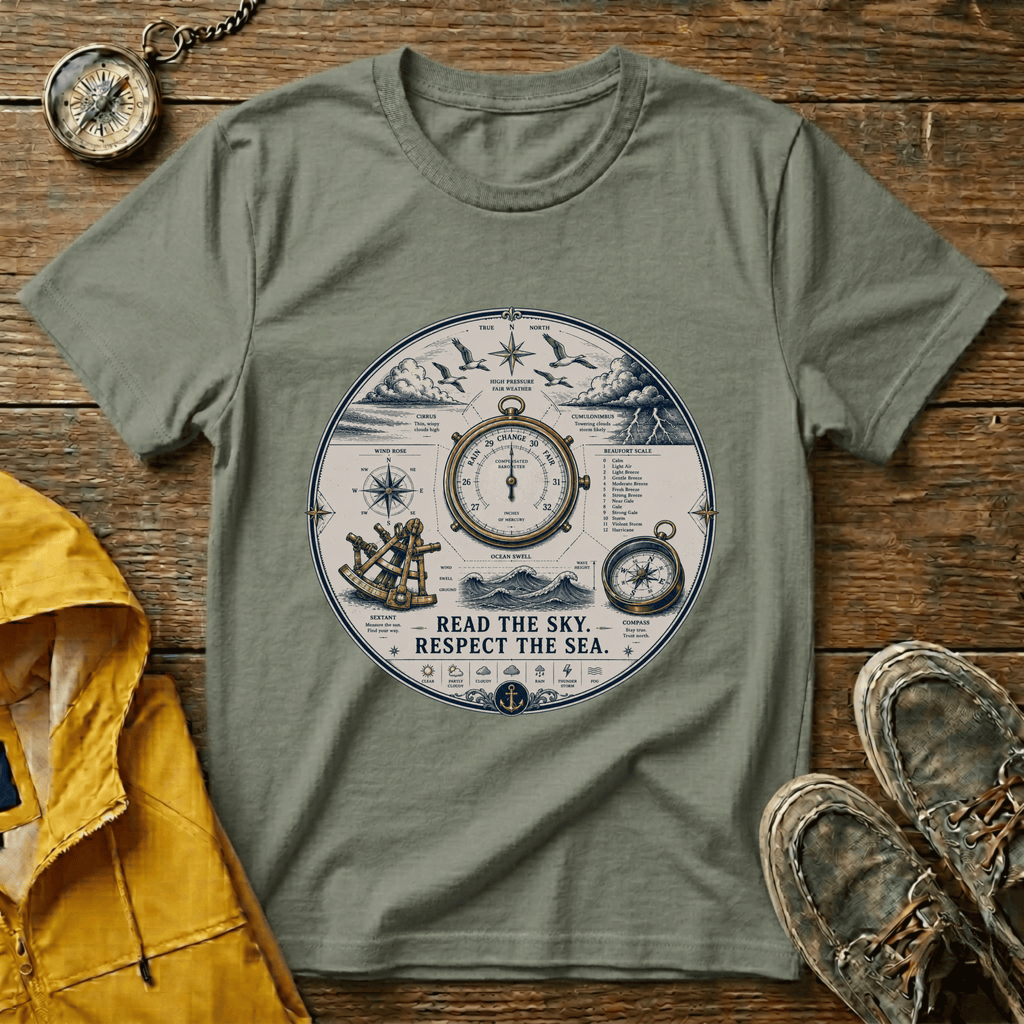 Nautical Compass T-Shirt — “Read the Sky, Respect the Sea” Vintage Maritime Tee
