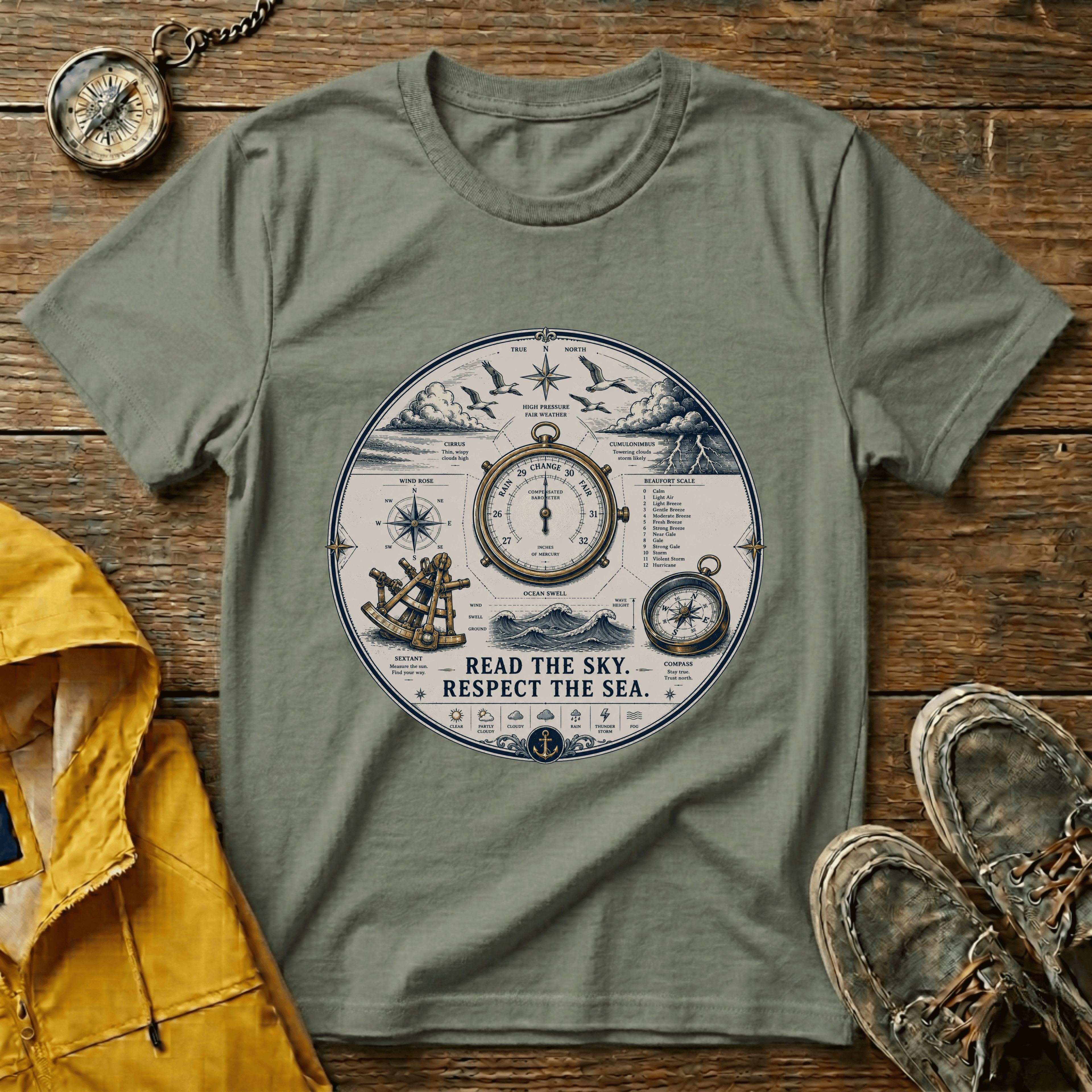 Nautical Compass T-Shirt — “Read the Sky, Respect the Sea” Vintage Maritime Tee