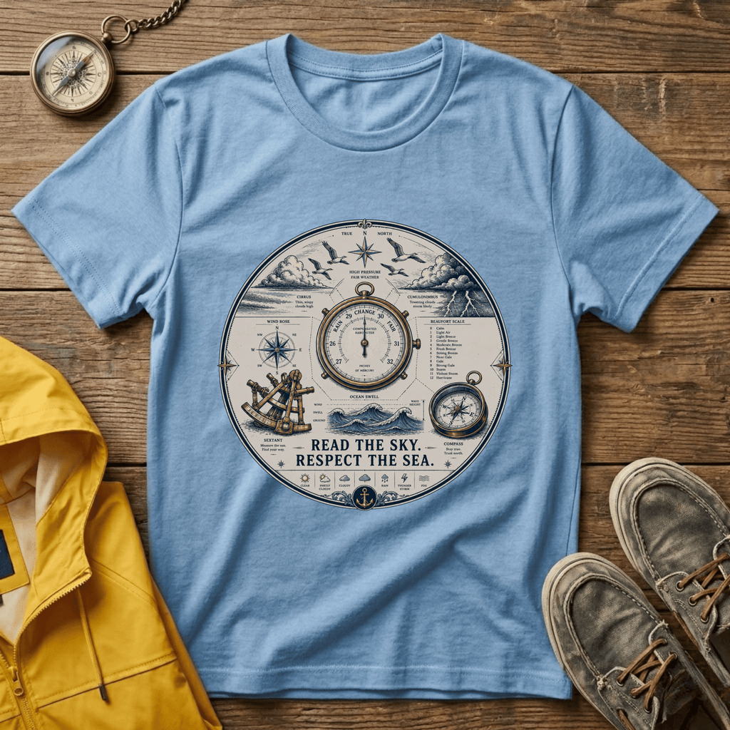 Nautical Compass T-Shirt — “Read the Sky, Respect the Sea” Vintage Maritime Tee