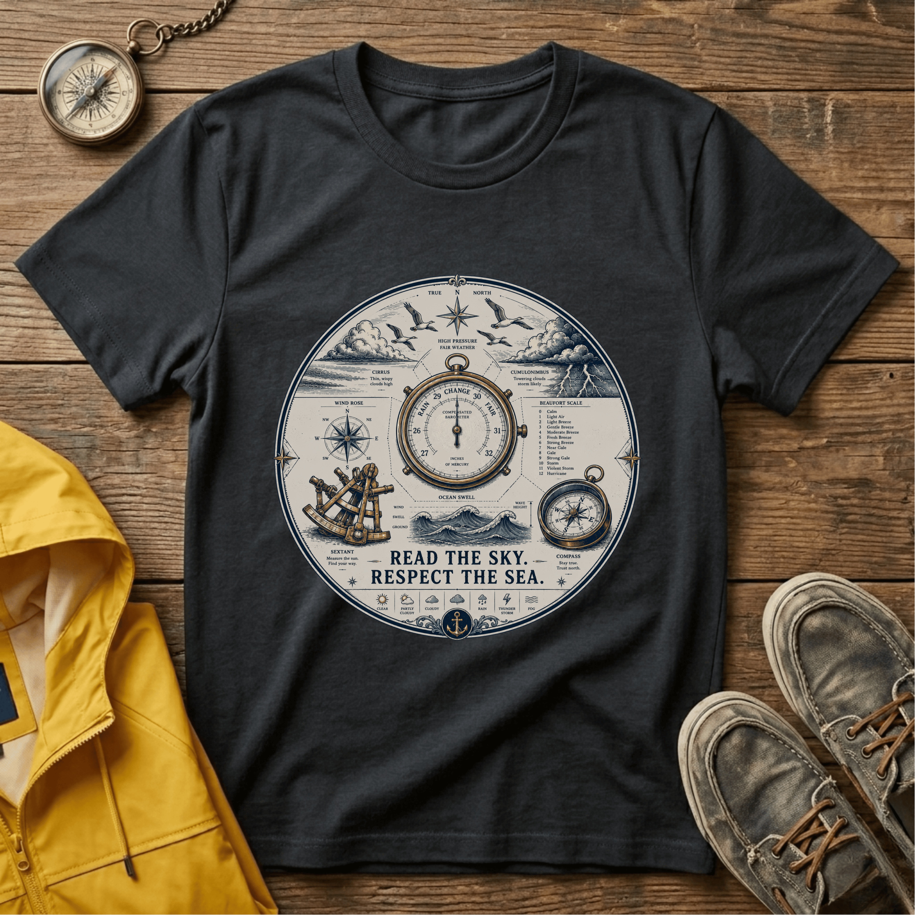 Nautical Compass T-Shirt — “Read the Sky, Respect the Sea” Vintage Maritime Tee