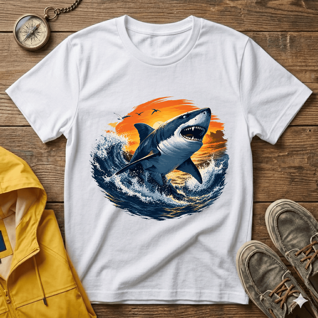 Shark Sunset T-Shirt — Majestic Great White Ocean Graphic Tee